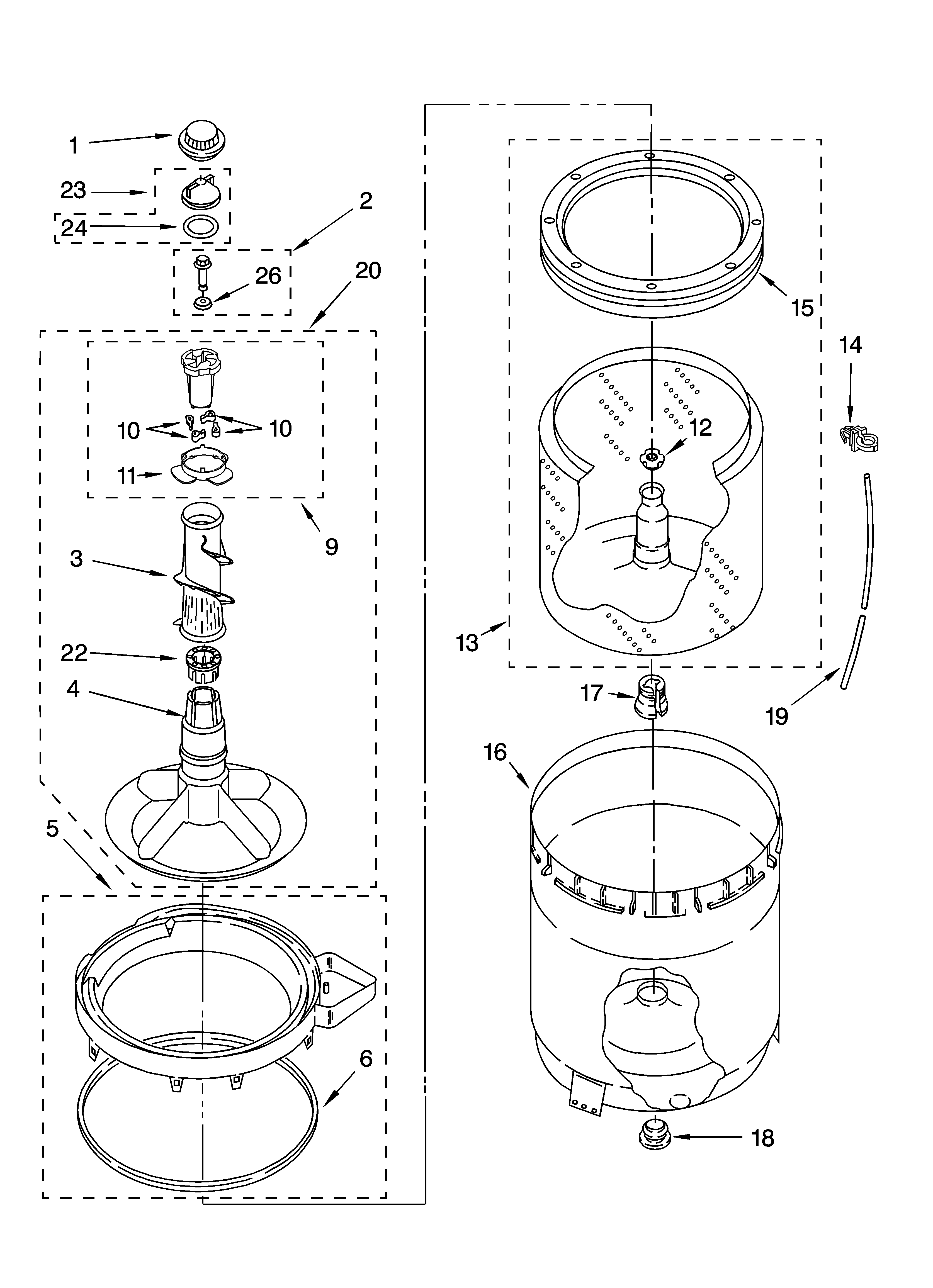 Whirlpool 8TLSR7432LT1 agitator, basket and tub parts diagram
