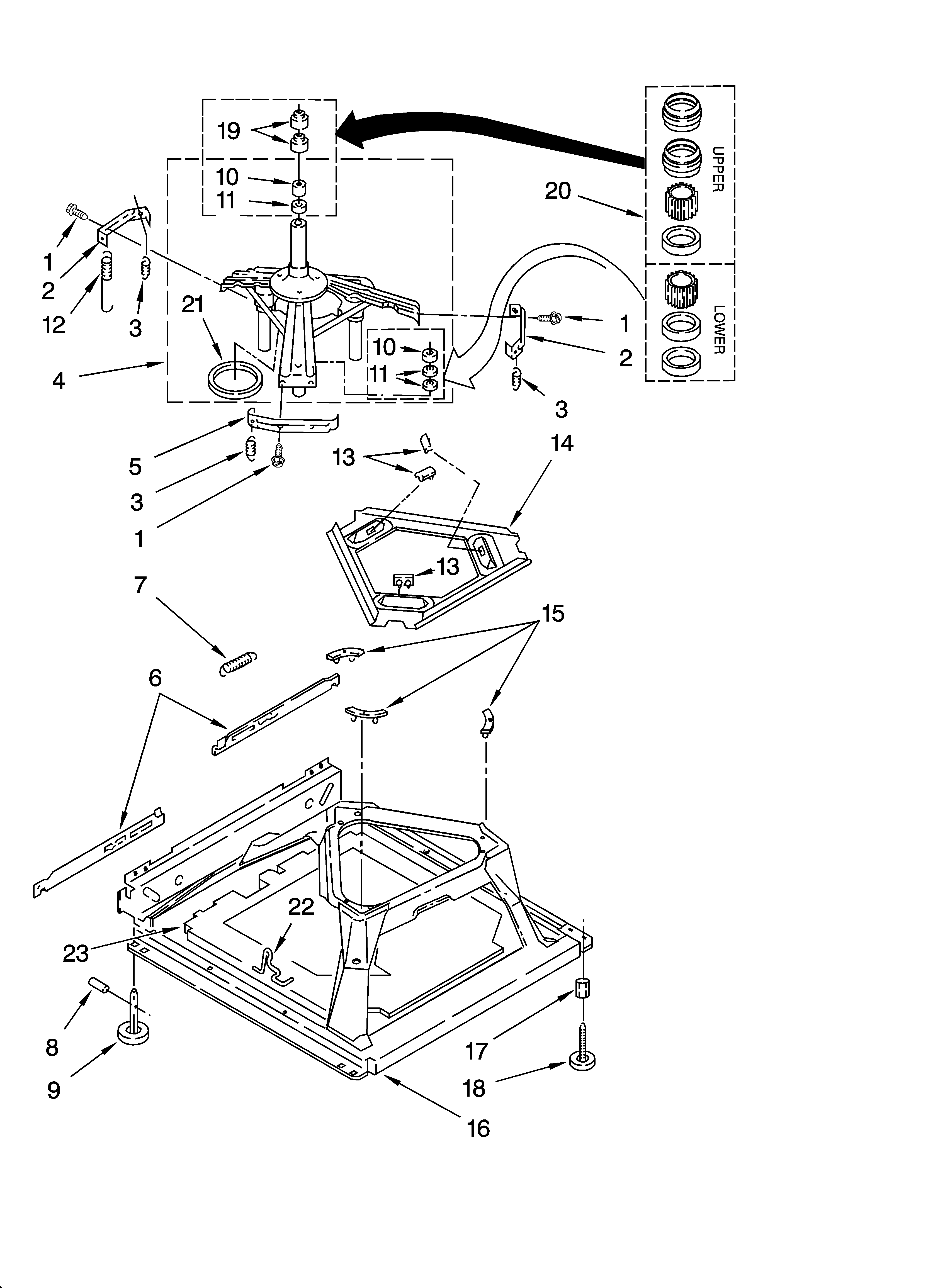 Whirlpool 8TLSR7432LT1 machine base parts diagram