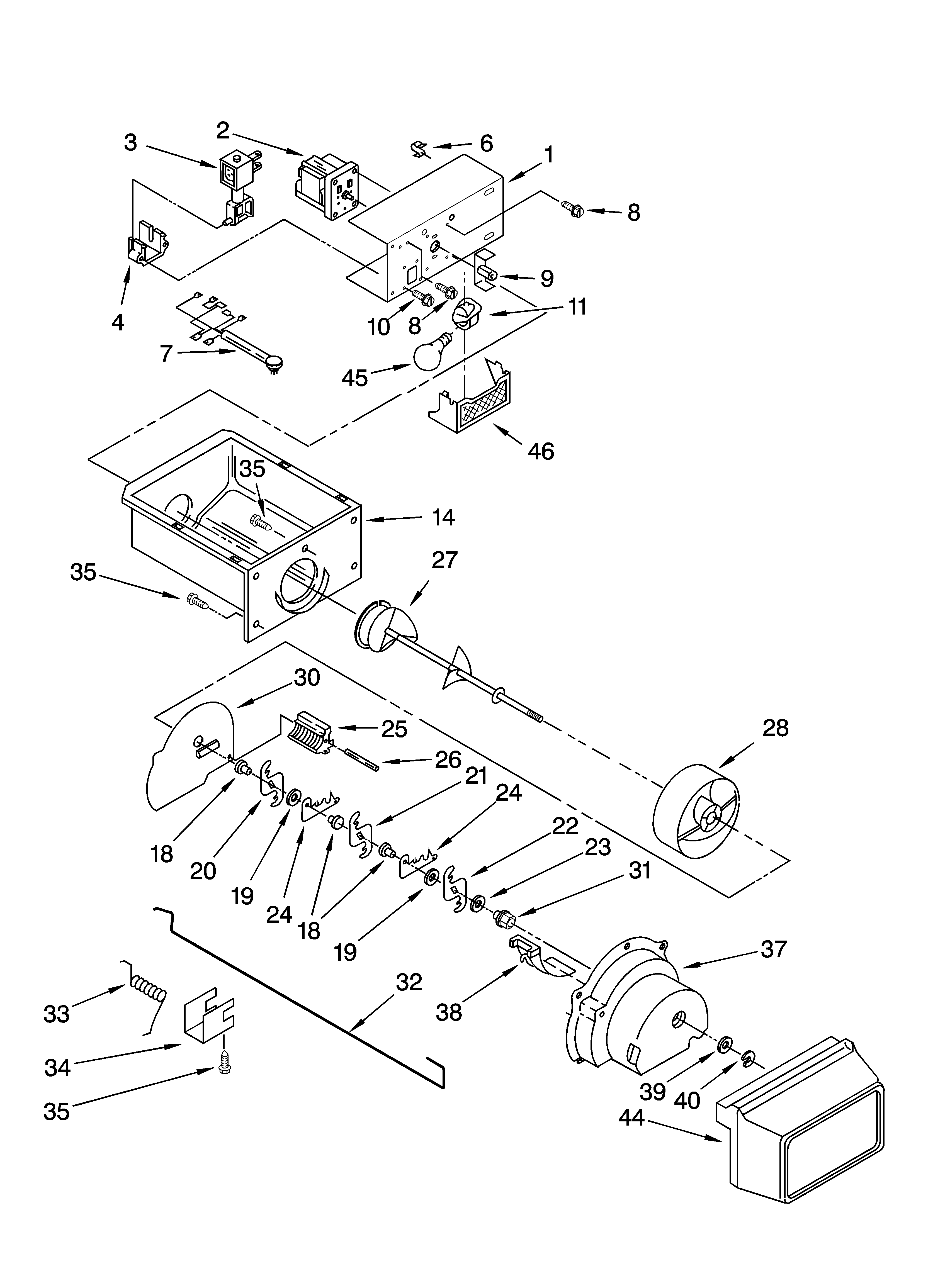 Whirlpool ED5VHGXMB15 motor and ice container parts diagram