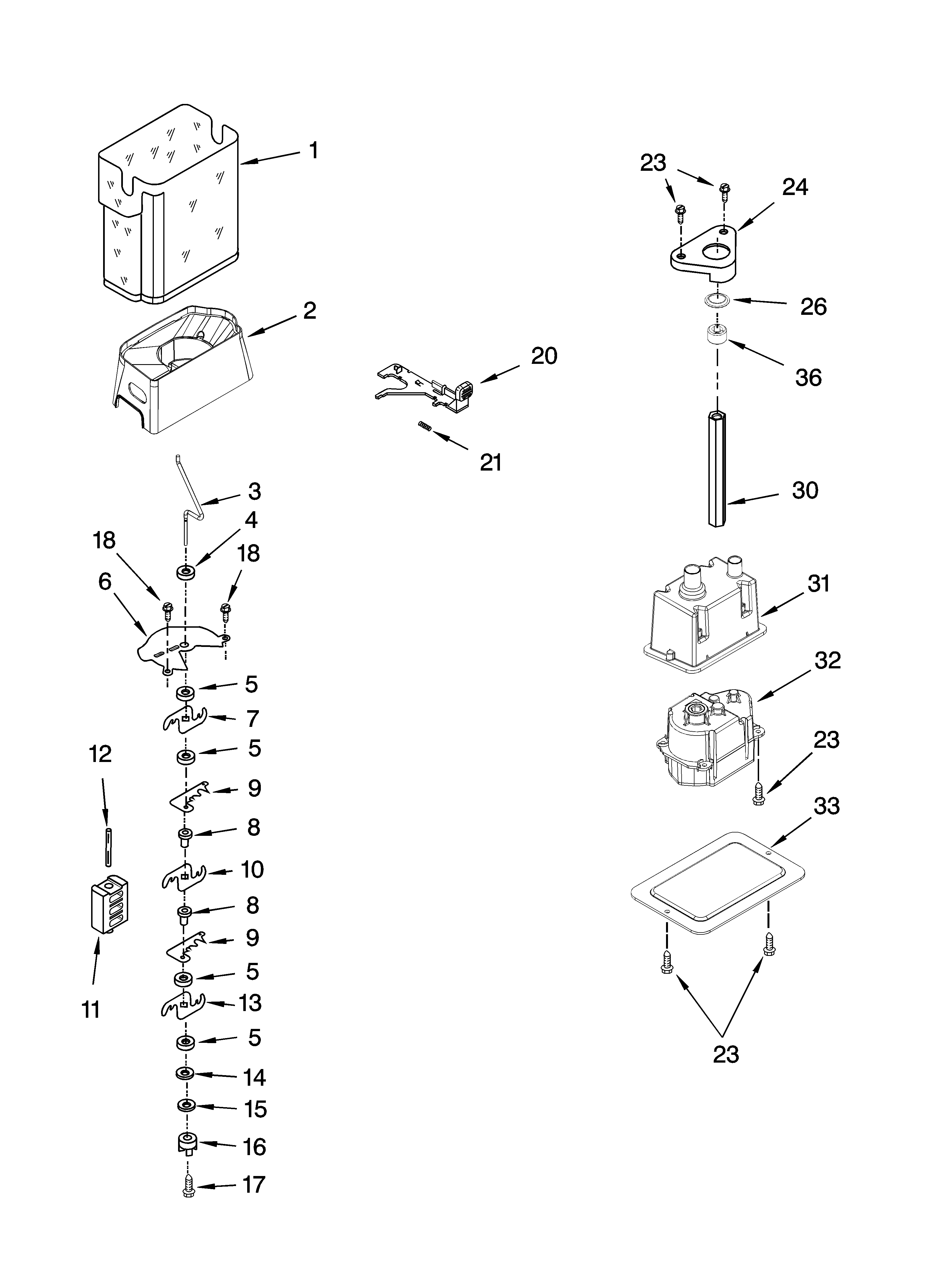 KitchenAid KSRG22FKBT18 motor and ice container parts diagram