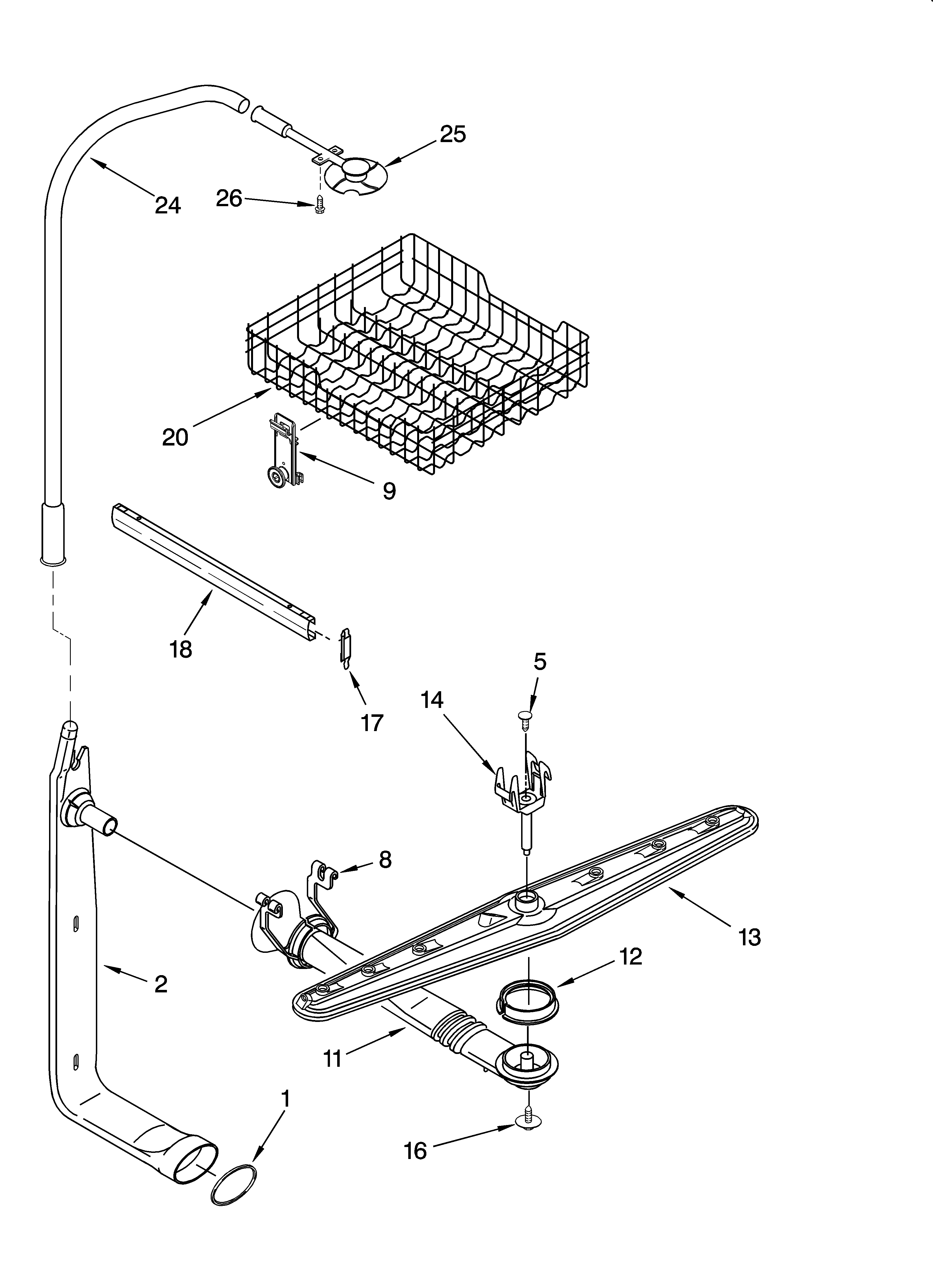 Whirlpool DU945PWSB0 upper dishrack and water feed parts diagram