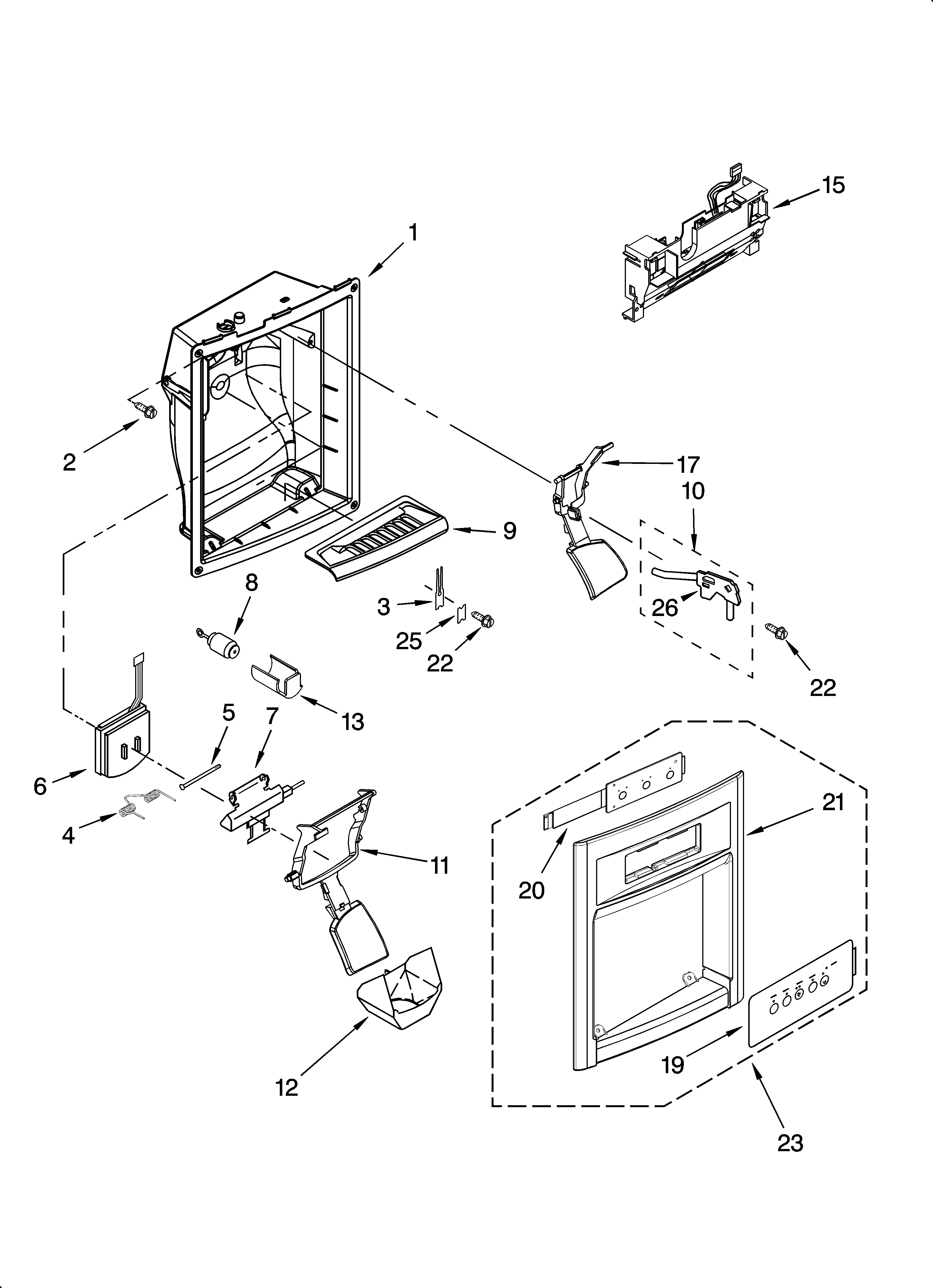 Whirlpool ES5PHAXSL01 dispenser front parts diagram
