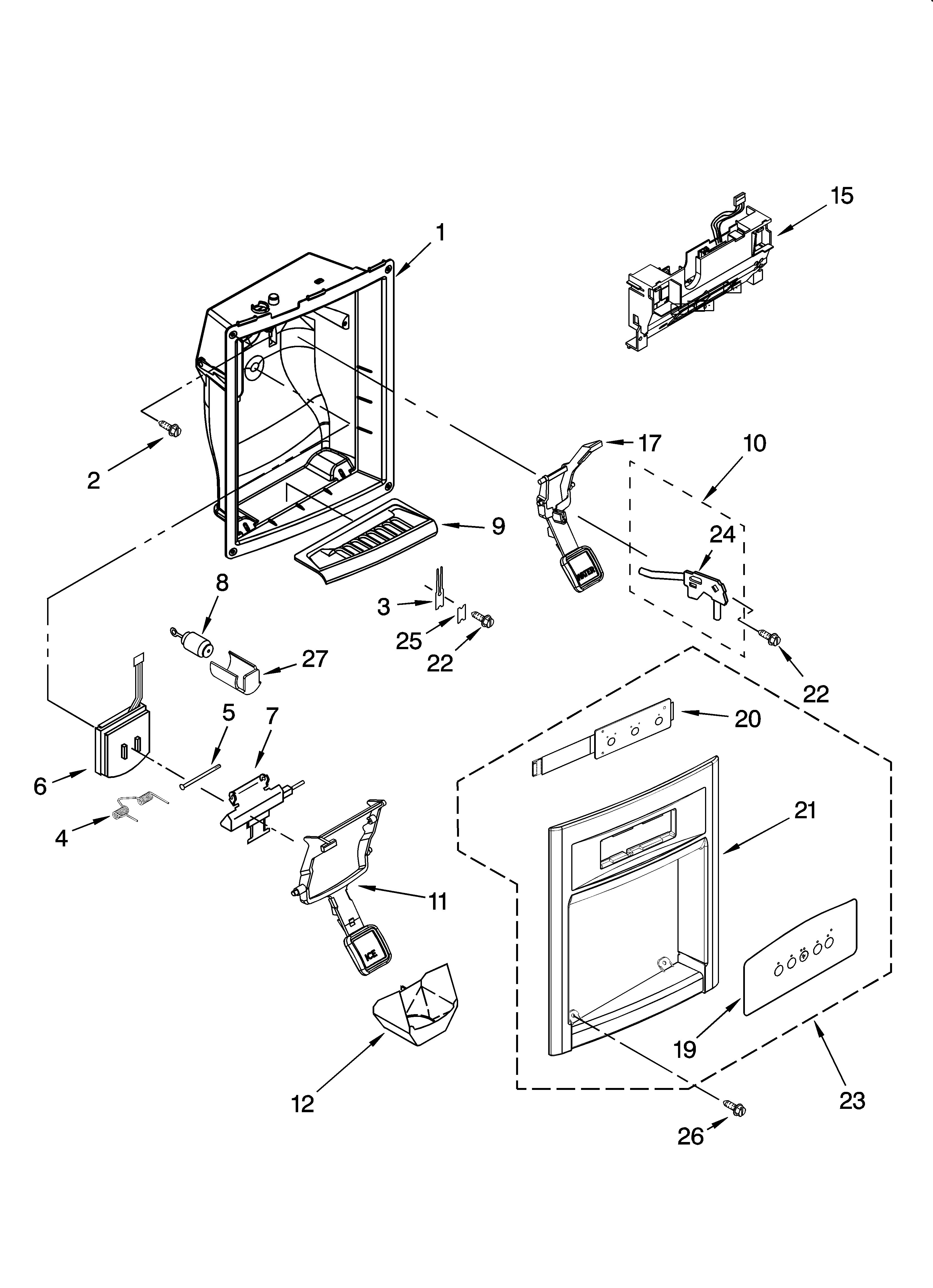 KitchenAid KSRA22CNBT01 dispenser front parts diagram