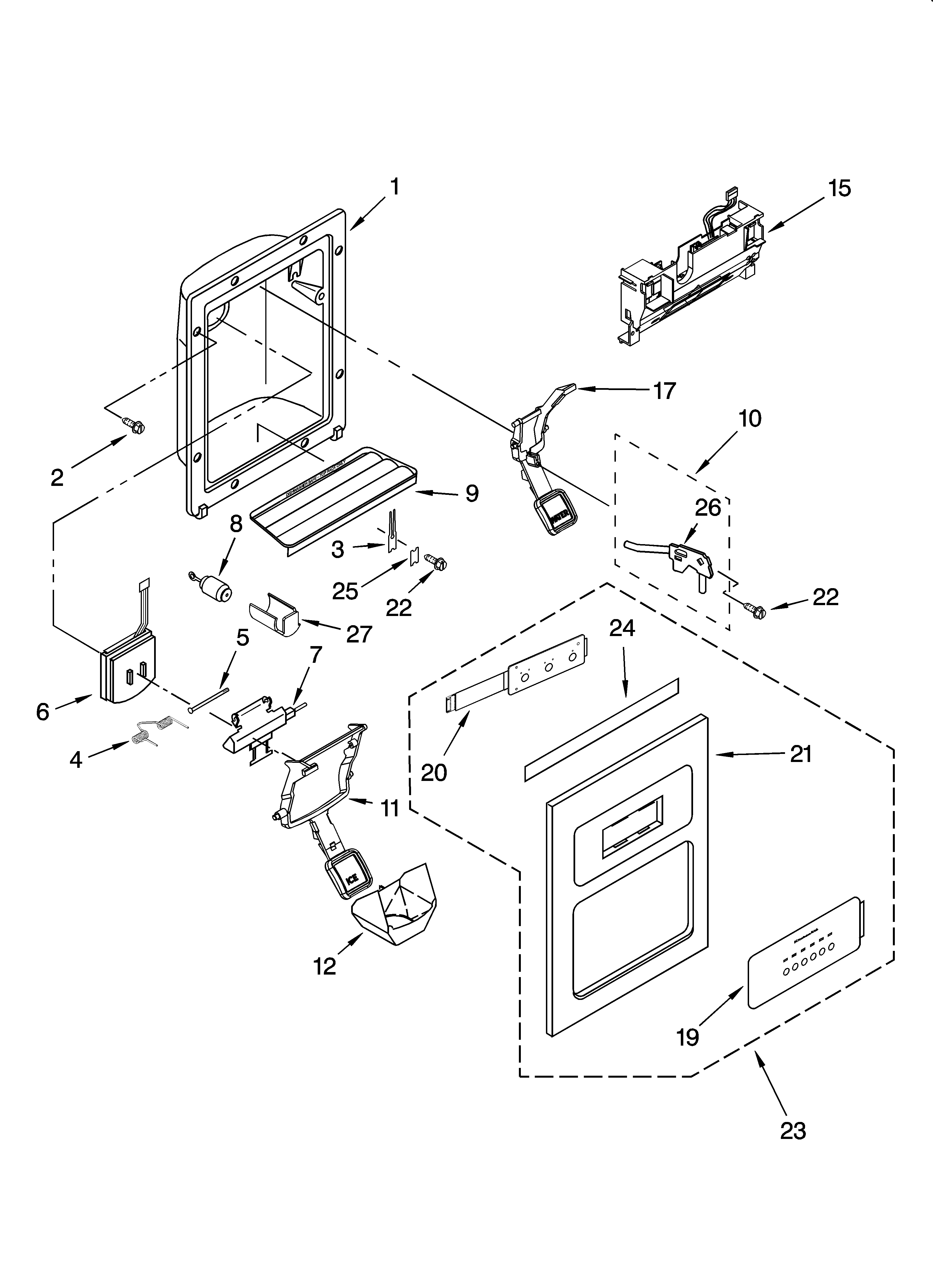 KitchenAid KSRP25FTWH00 dispenser front parts diagram