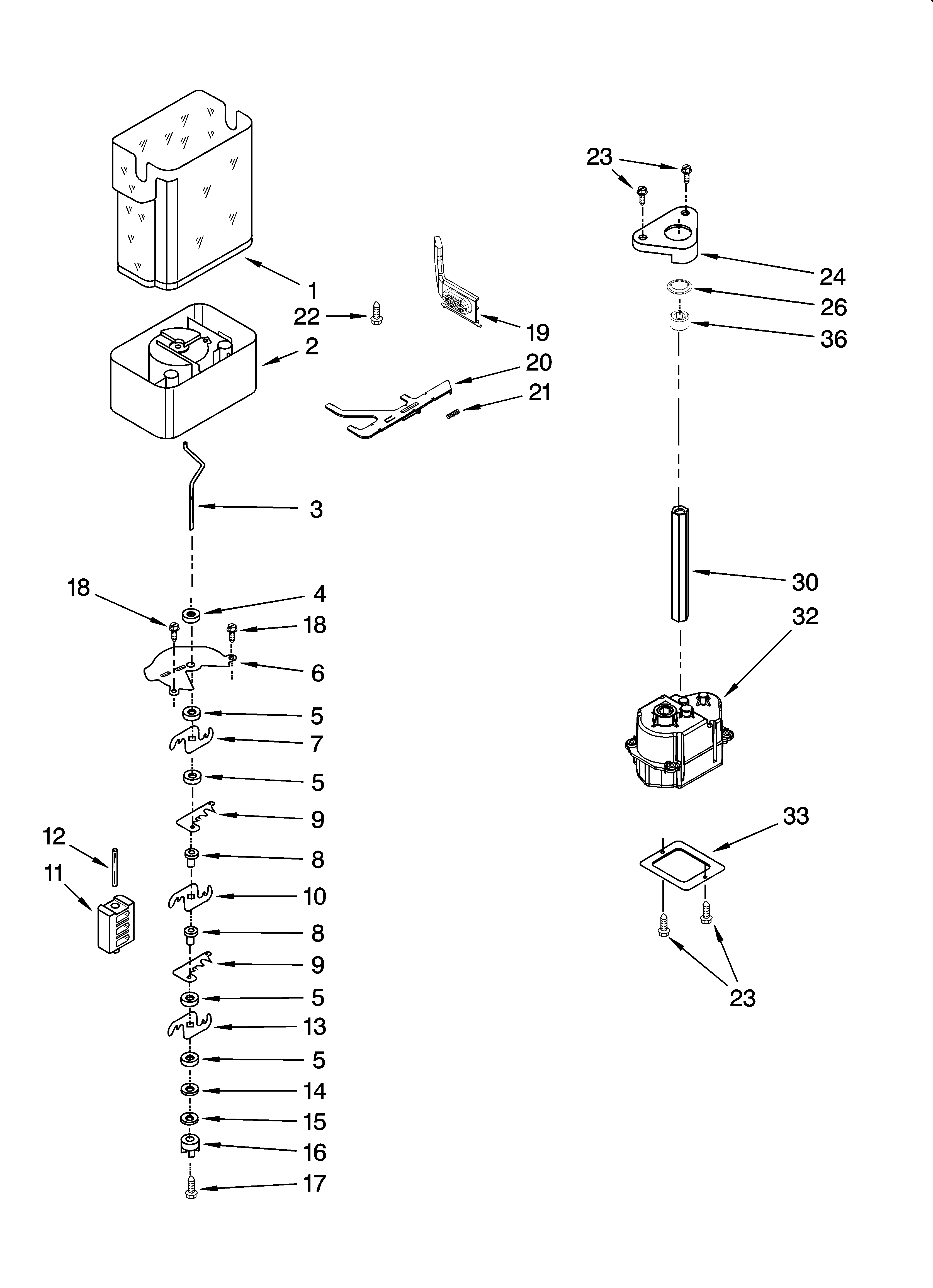 KitchenAid KSSO36QMB02 motor and ice container parts diagram