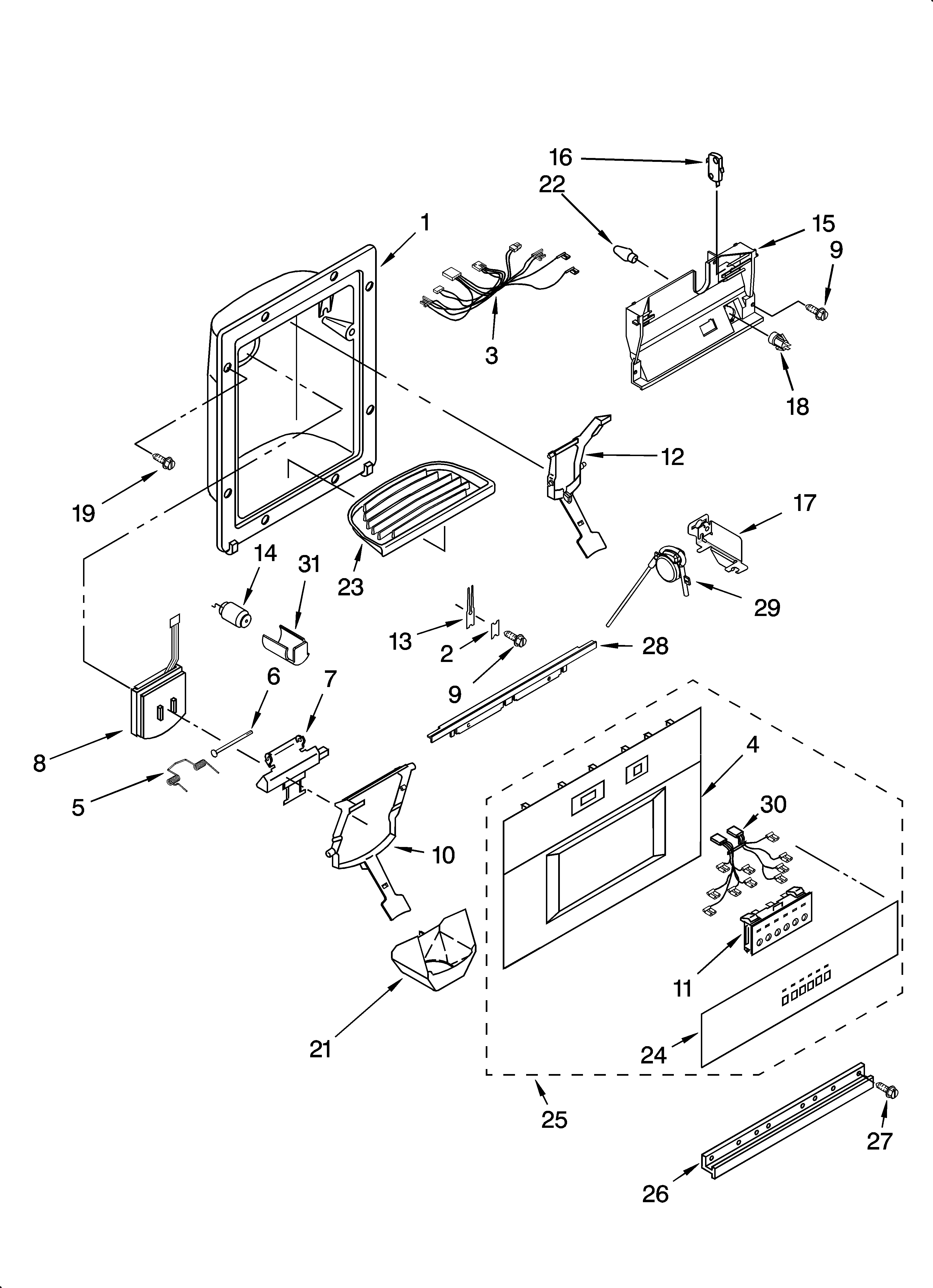 KitchenAid KSSO36QMB02 dispenser and front parts diagram