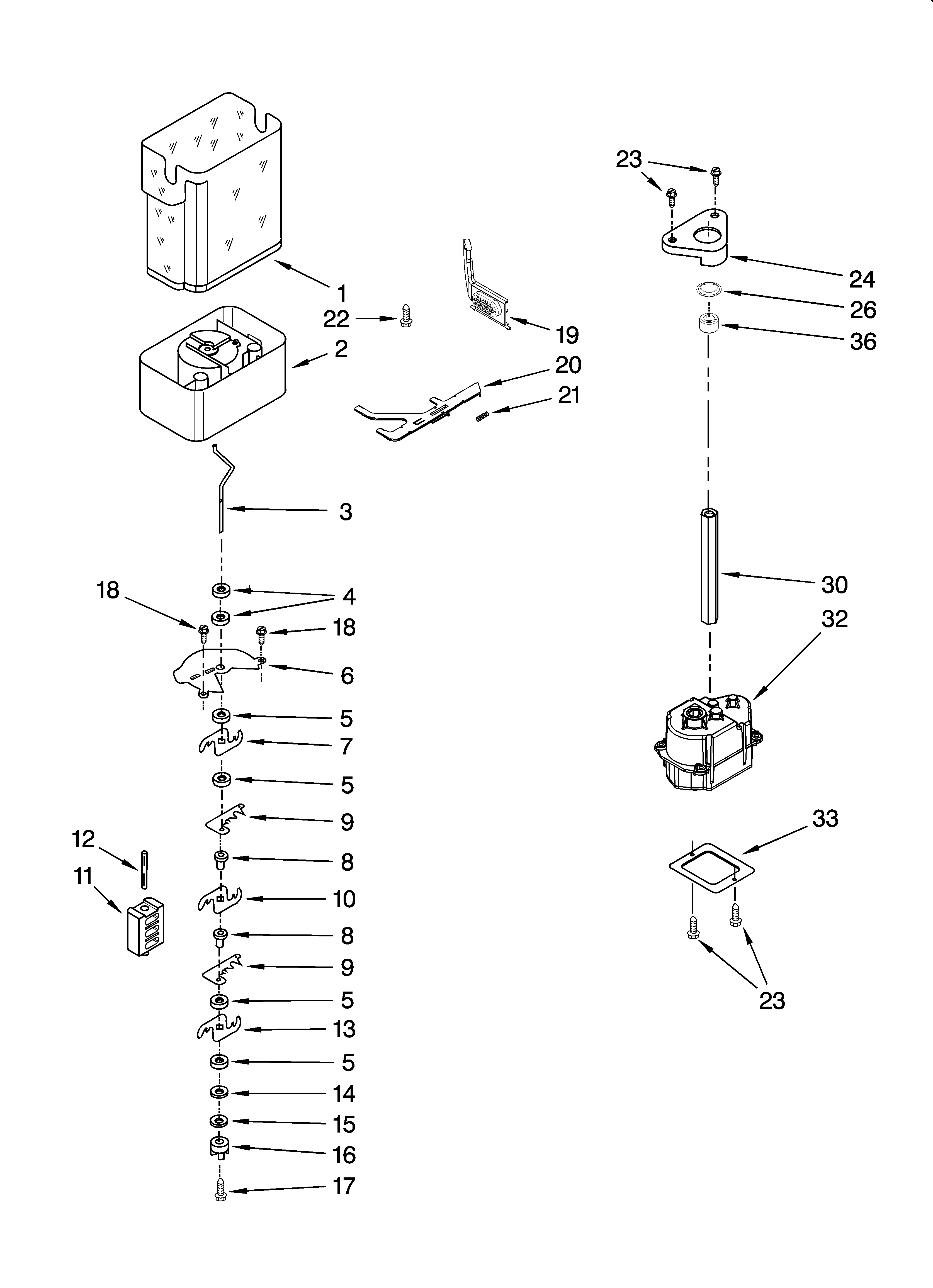KitchenAid KSSS36QMX03 motor and ice container parts diagram
