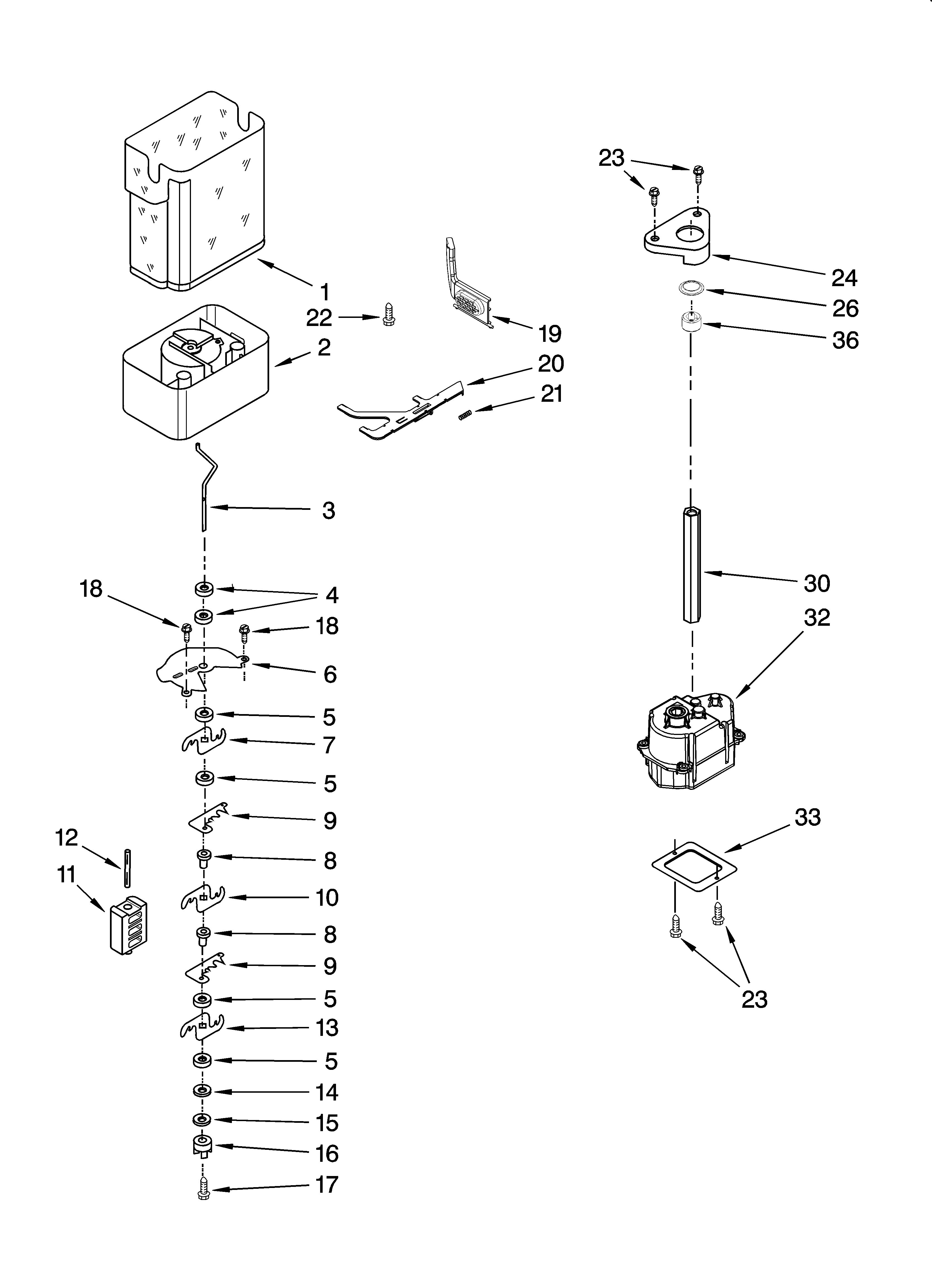 KitchenAid KSSS42QMW03 motor and ice container parts diagram
