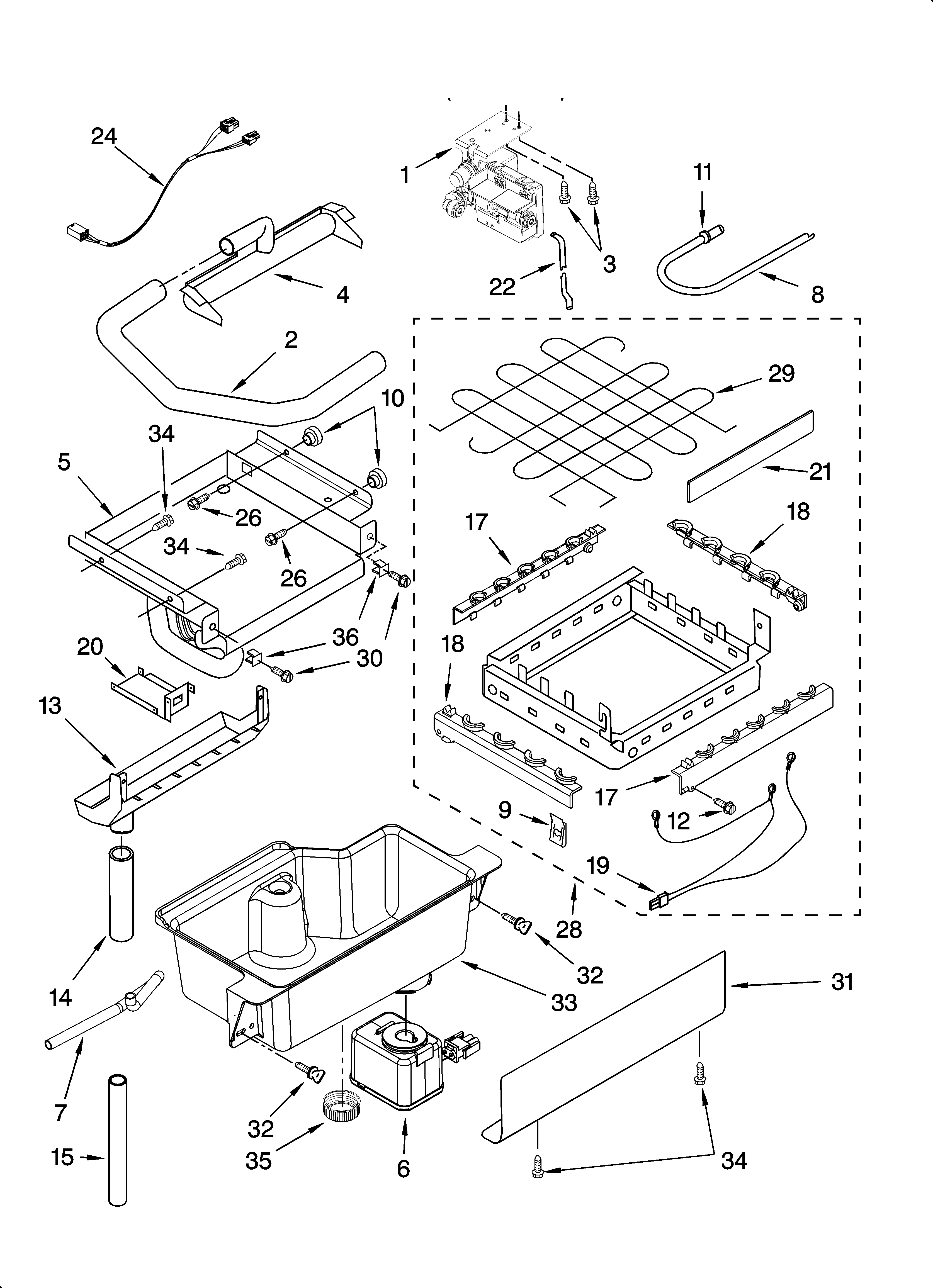 KitchenAid KUIA18PNLS11 evaporator, ice cutter grid and water parts diagram