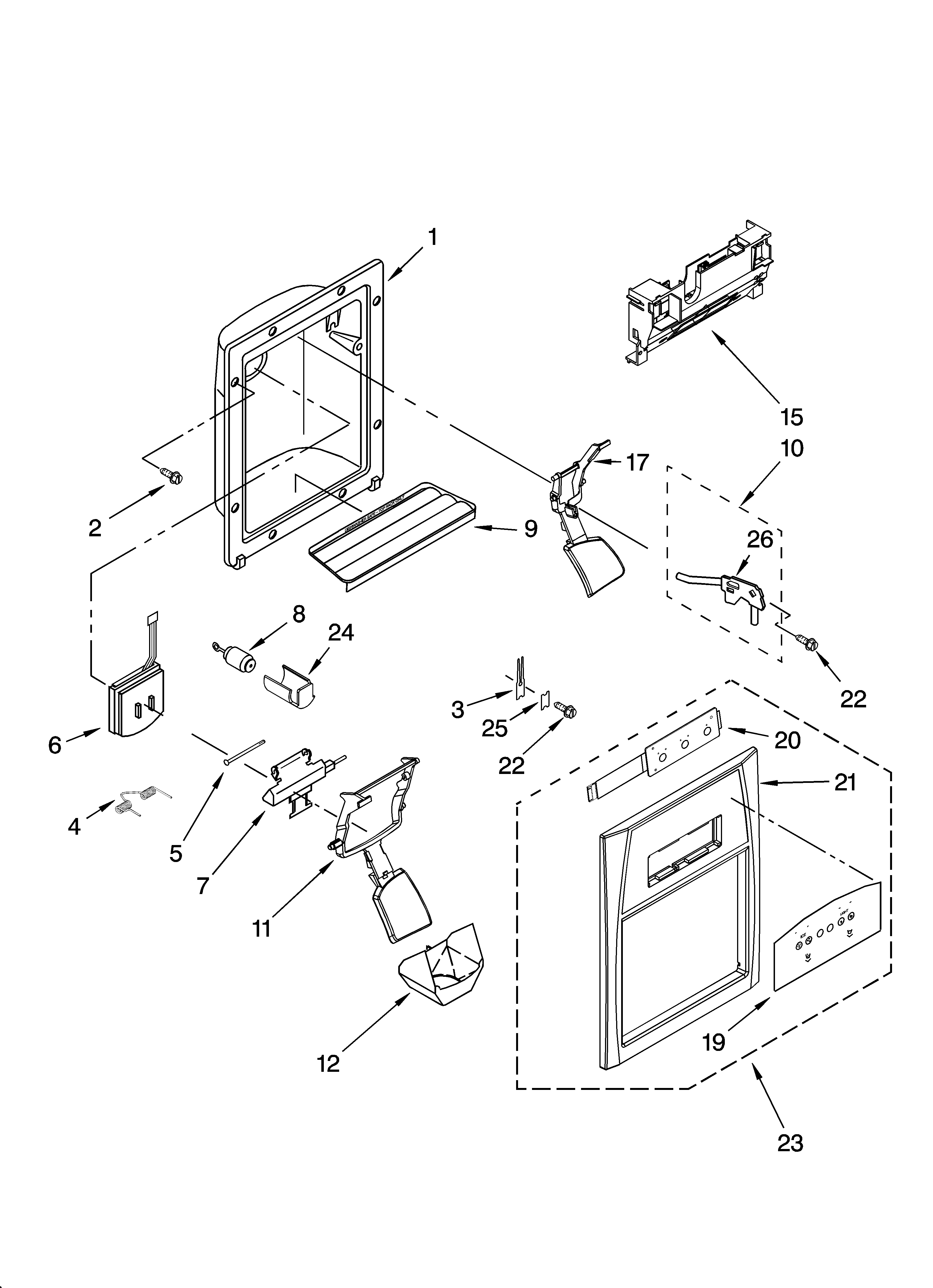 Whirlpool ES2FHAXSQ01 dispenser front parts diagram