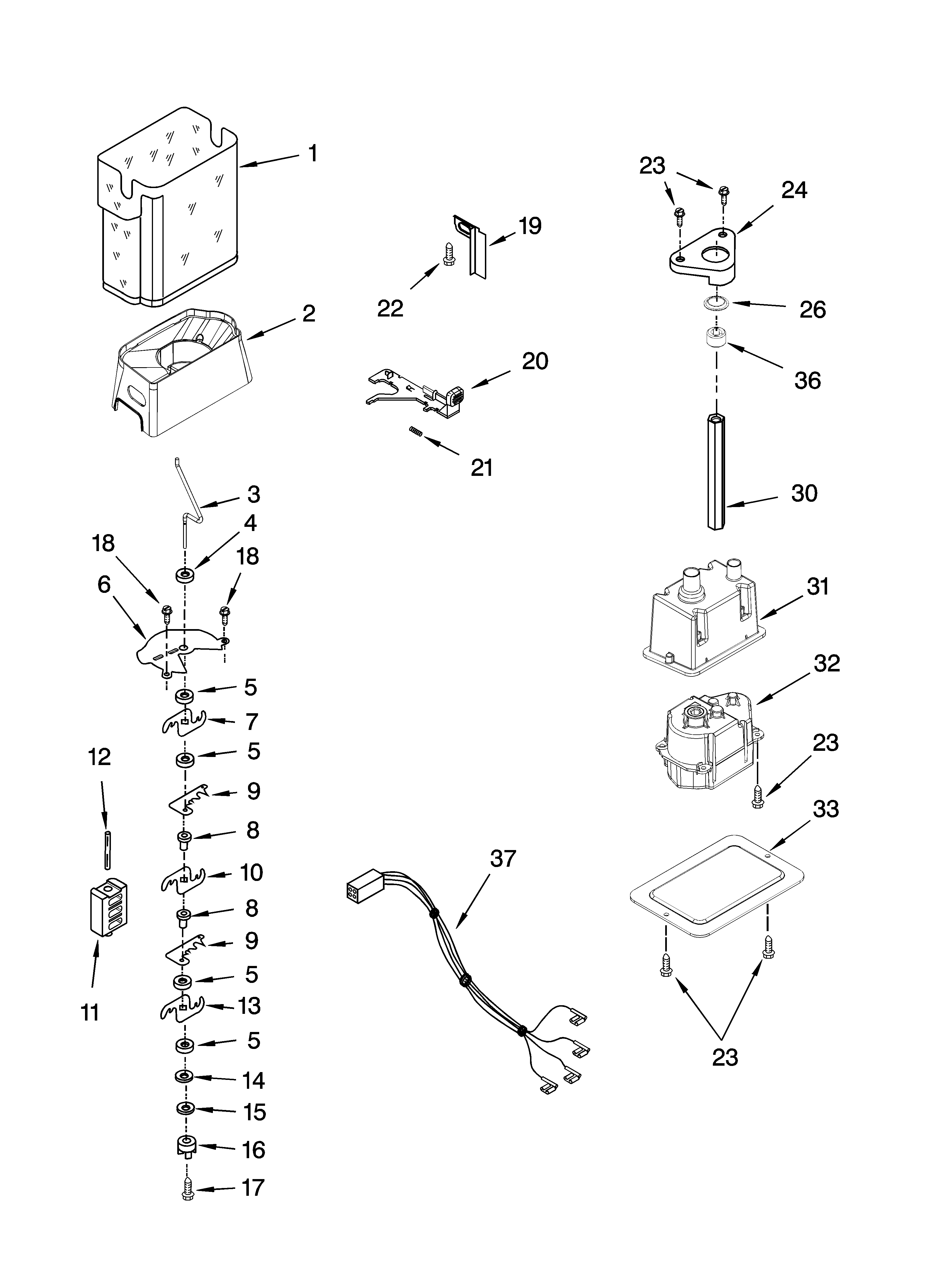 KitchenAid KSCS23INBT02 motor and ice container parts diagram