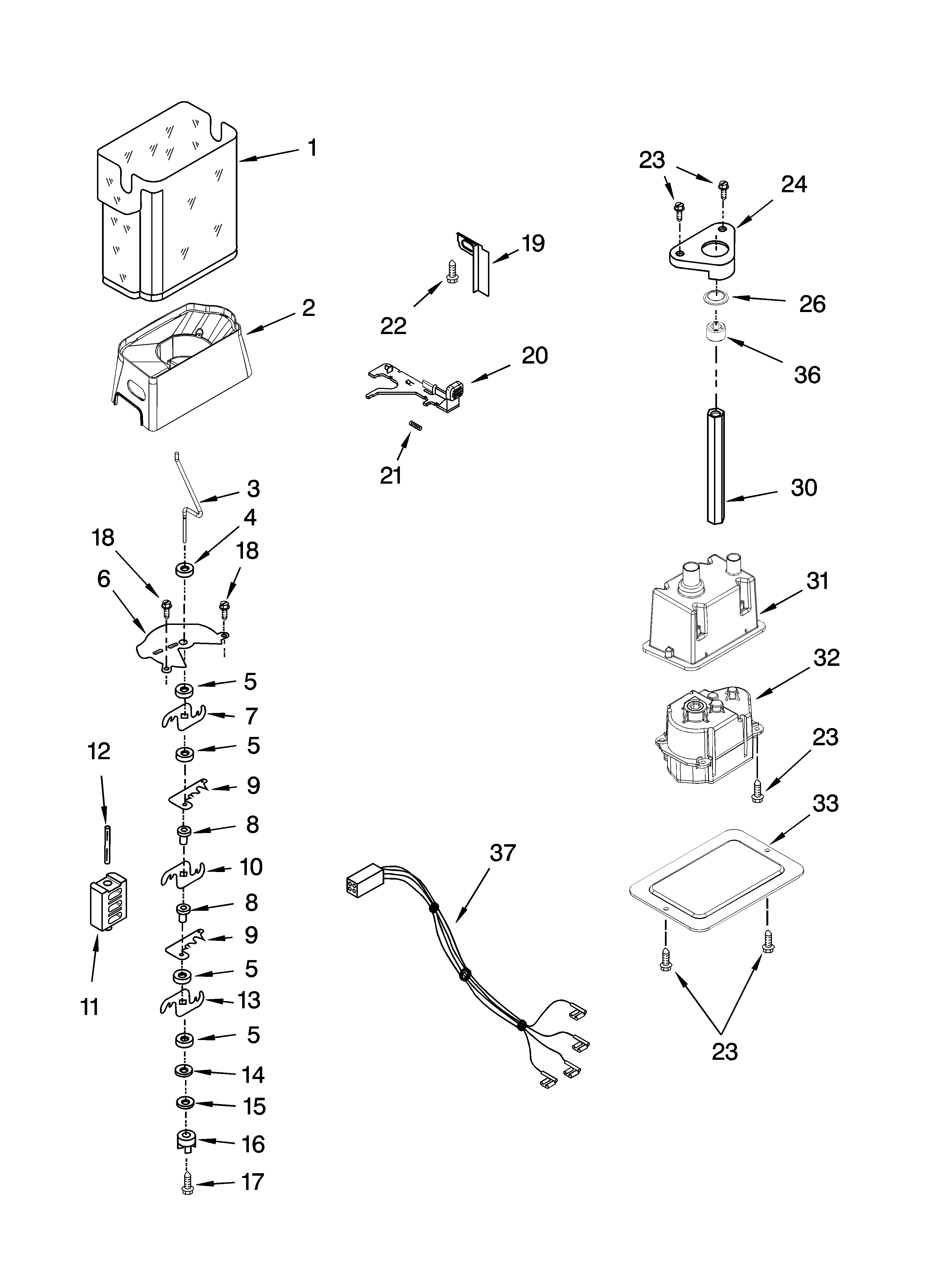 KitchenAid KSCS25INWH02 motor and ice container parts diagram