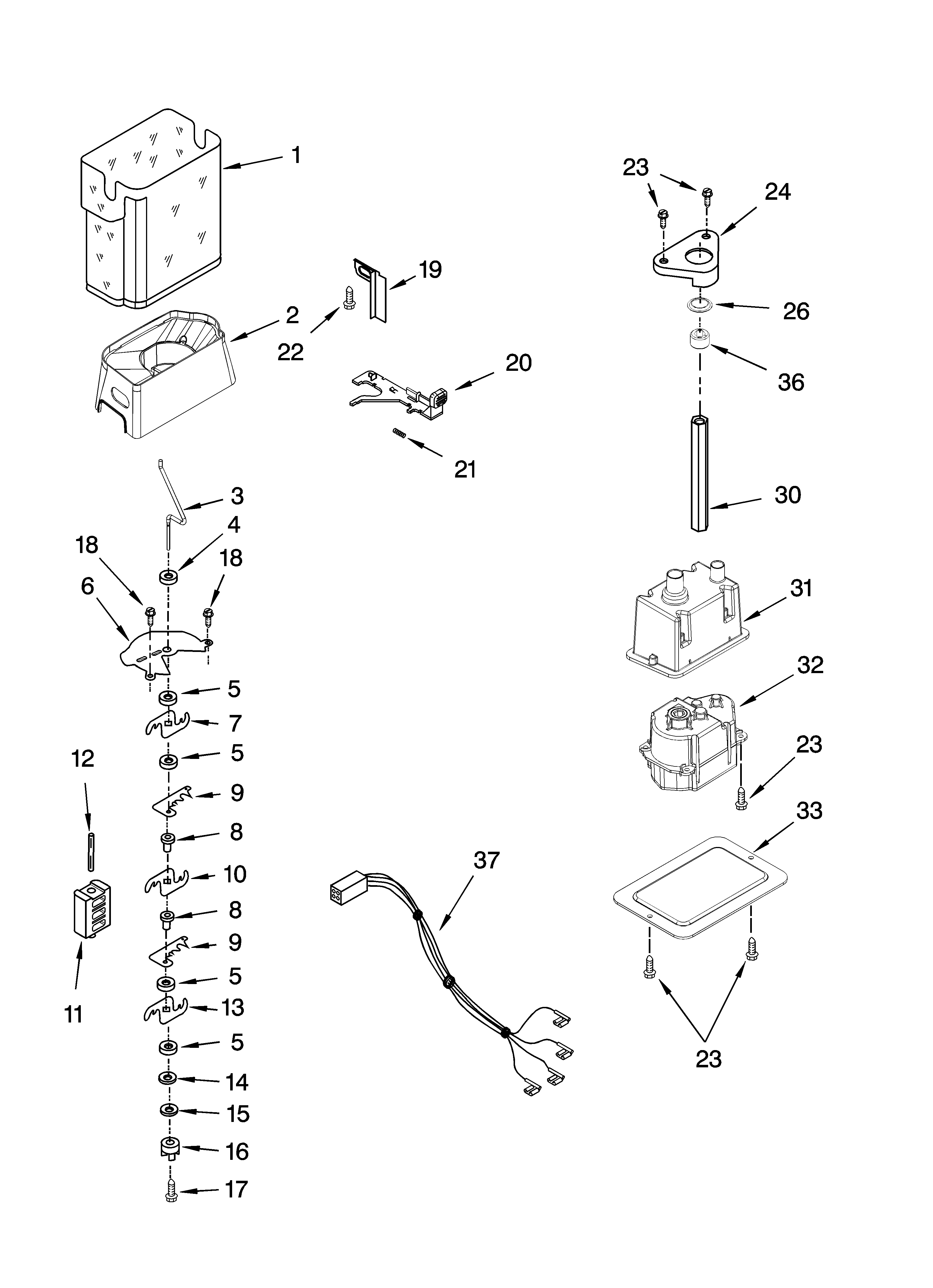KitchenAid KSCS23FSBL01 motor and ice container parts diagram