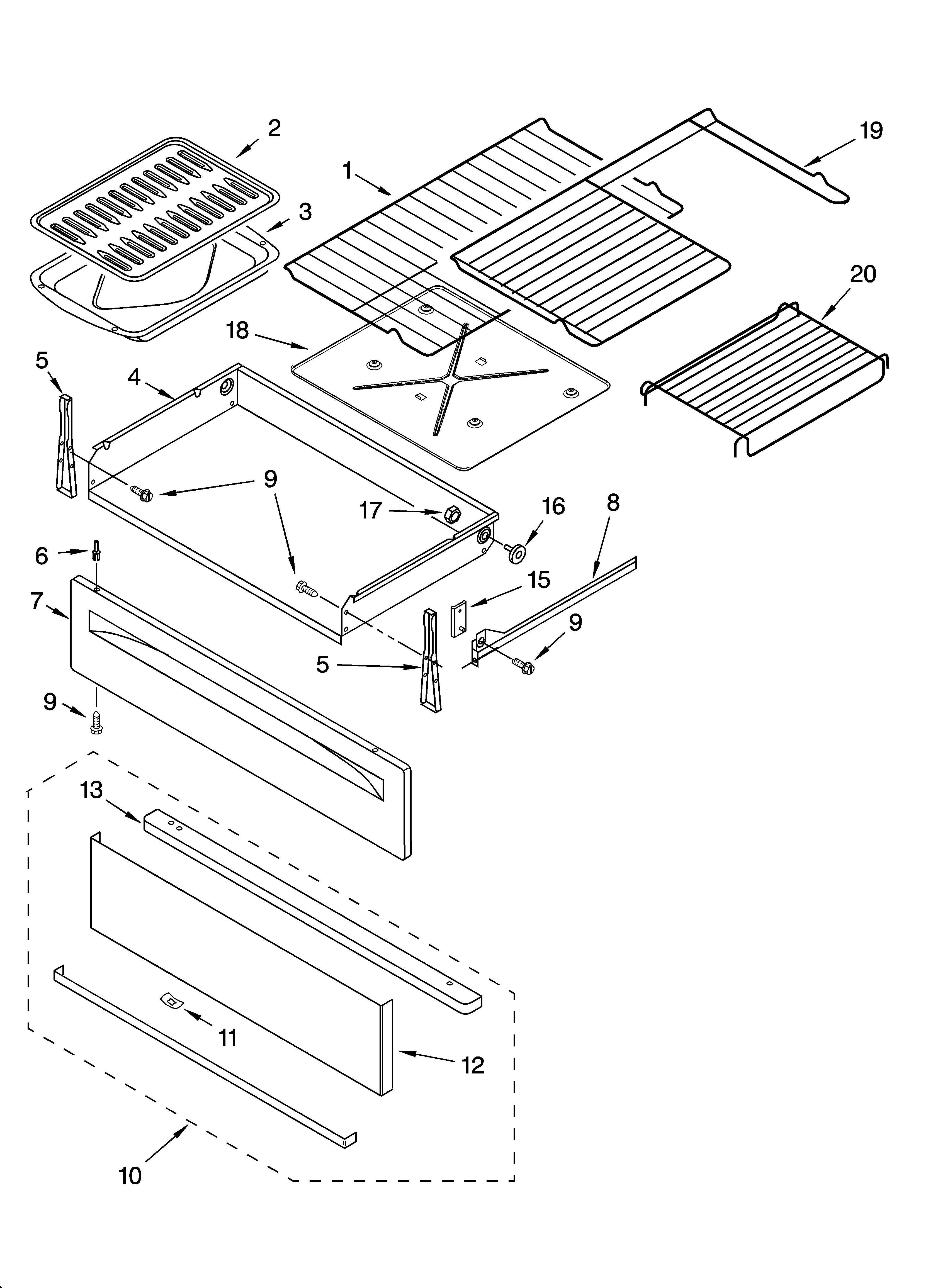 Whirlpool WERP4120PS0 drawer & broiler parts diagram