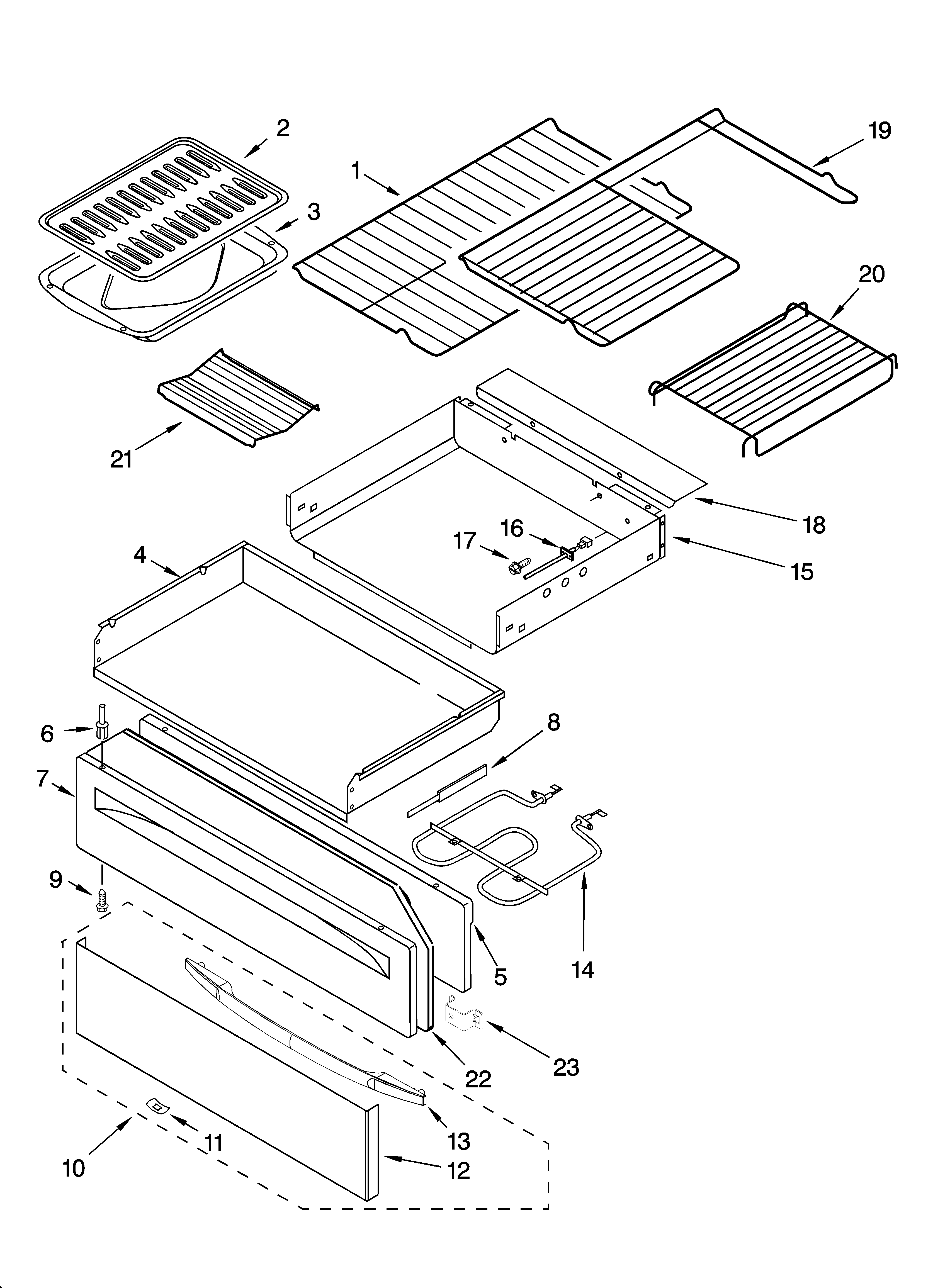 Whirlpool GERC4120SS0 drawer & broiler parts diagram