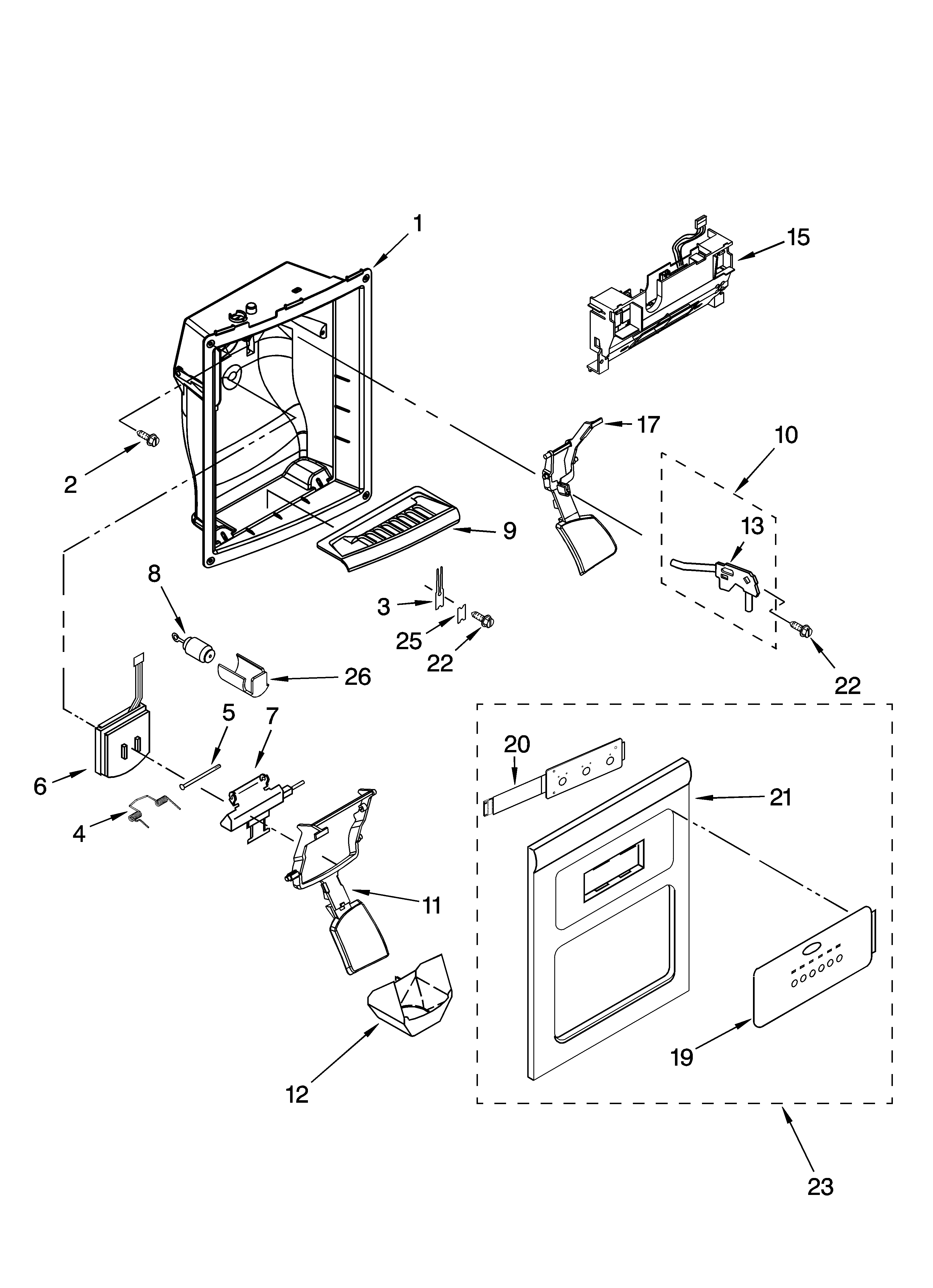 Whirlpool GS5SHAXTL00 dispenser front parts diagram