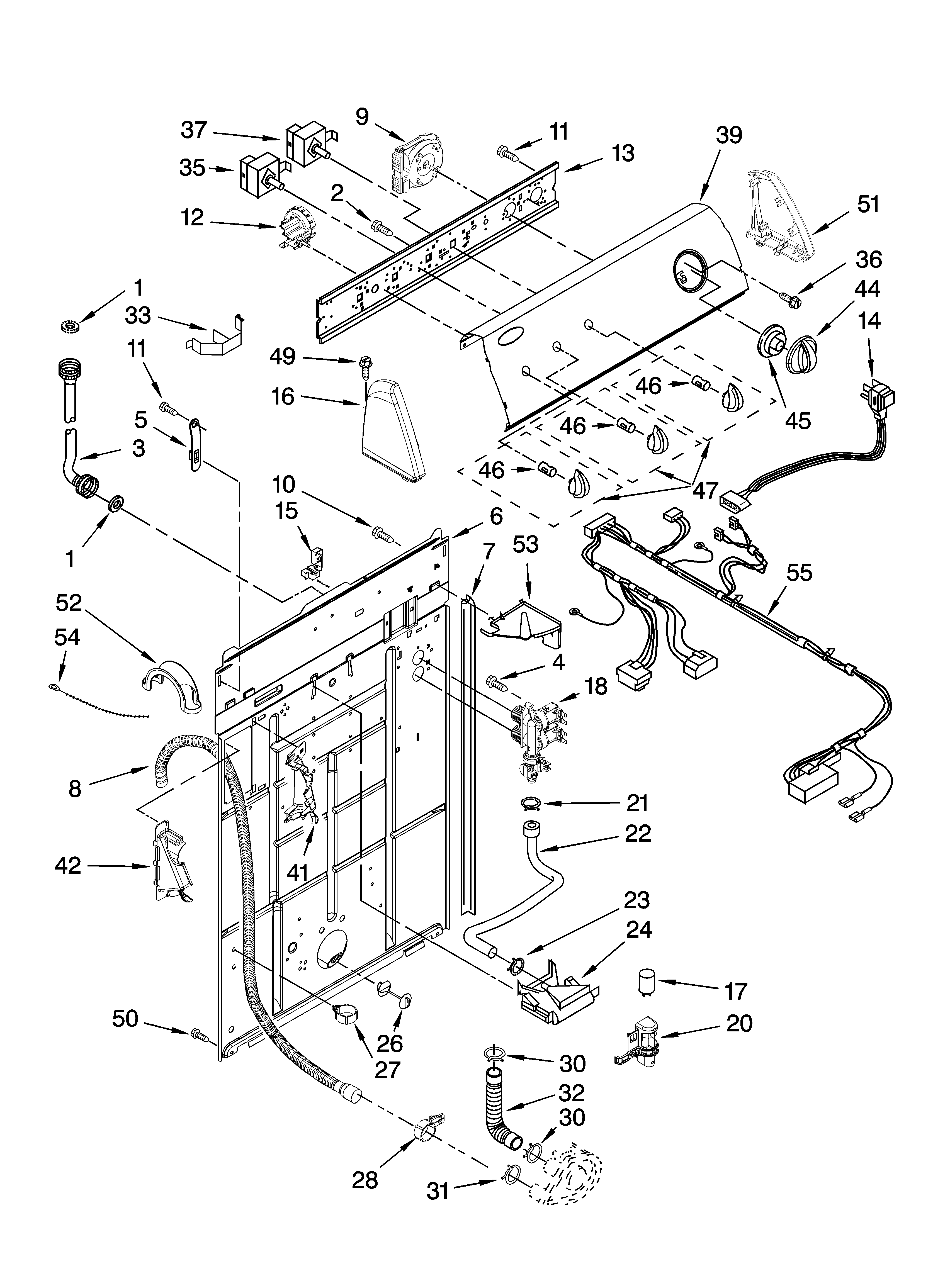 Whirlpool 1CWTW5500SQ0 controls and rear panel parts diagram