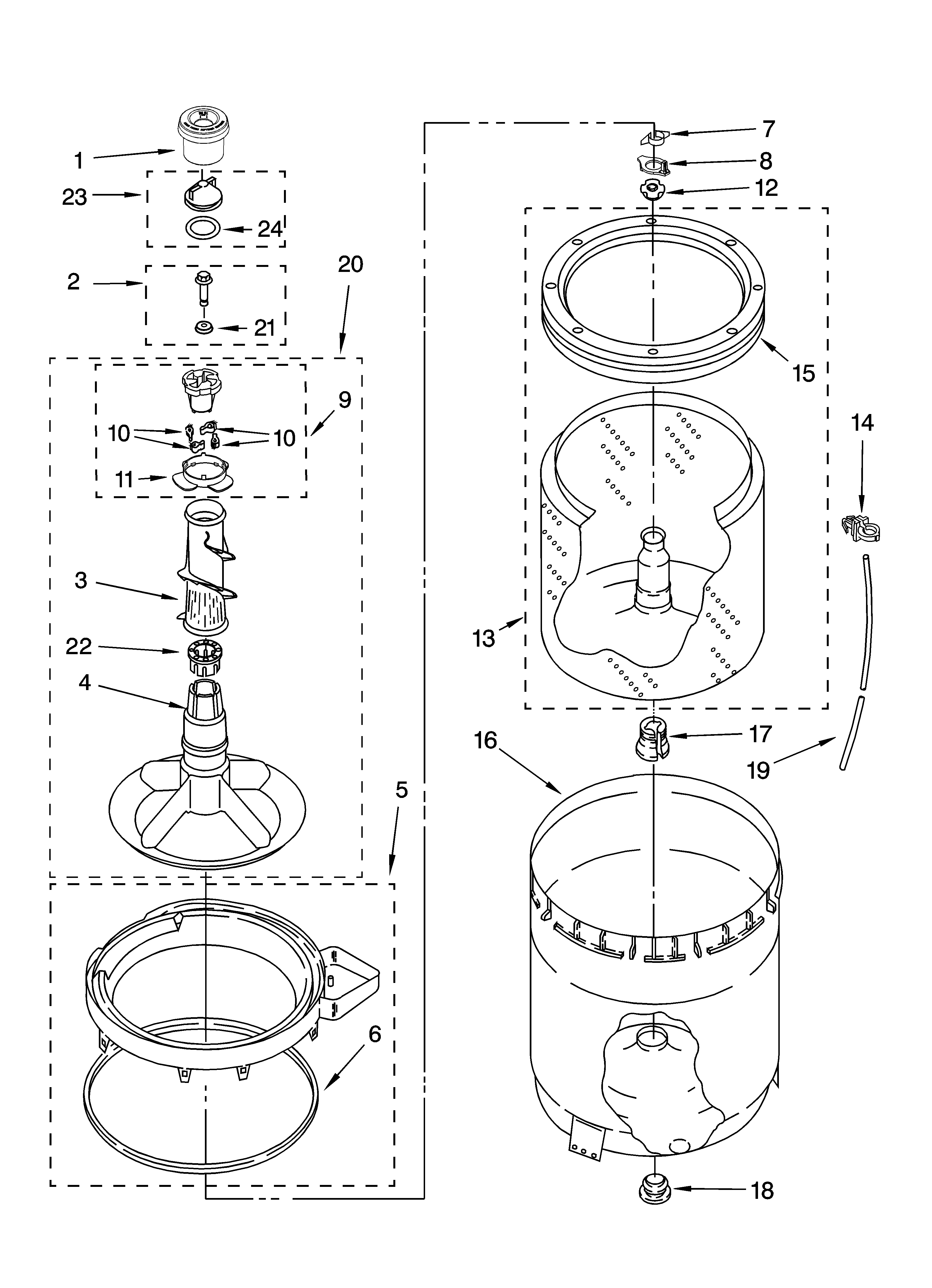 Whirlpool 1CWTW5500SQ0 agitator, basket and tub parts diagram