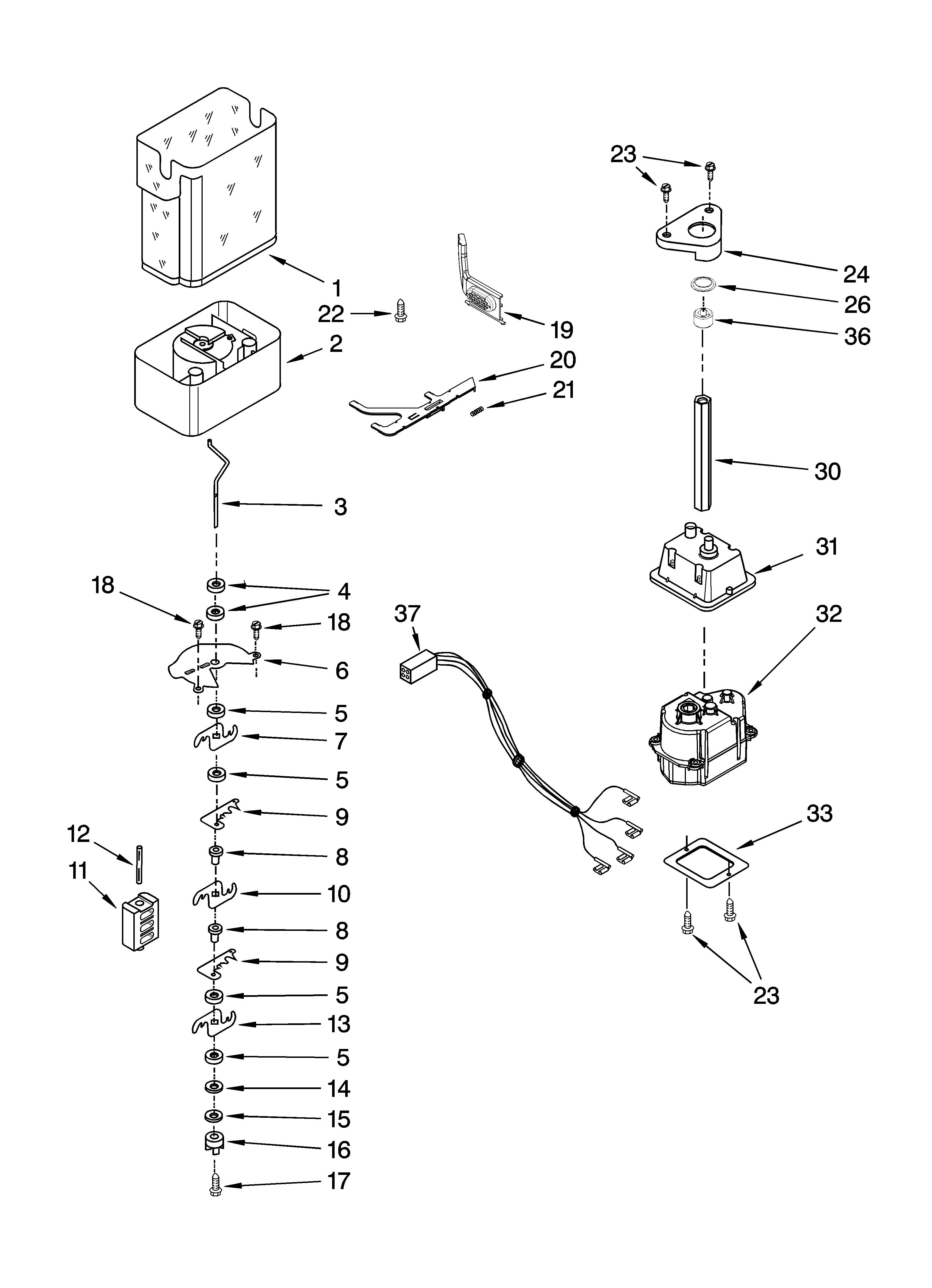 Whirlpool EC3JHAXRS01 motor and ice container parts diagram