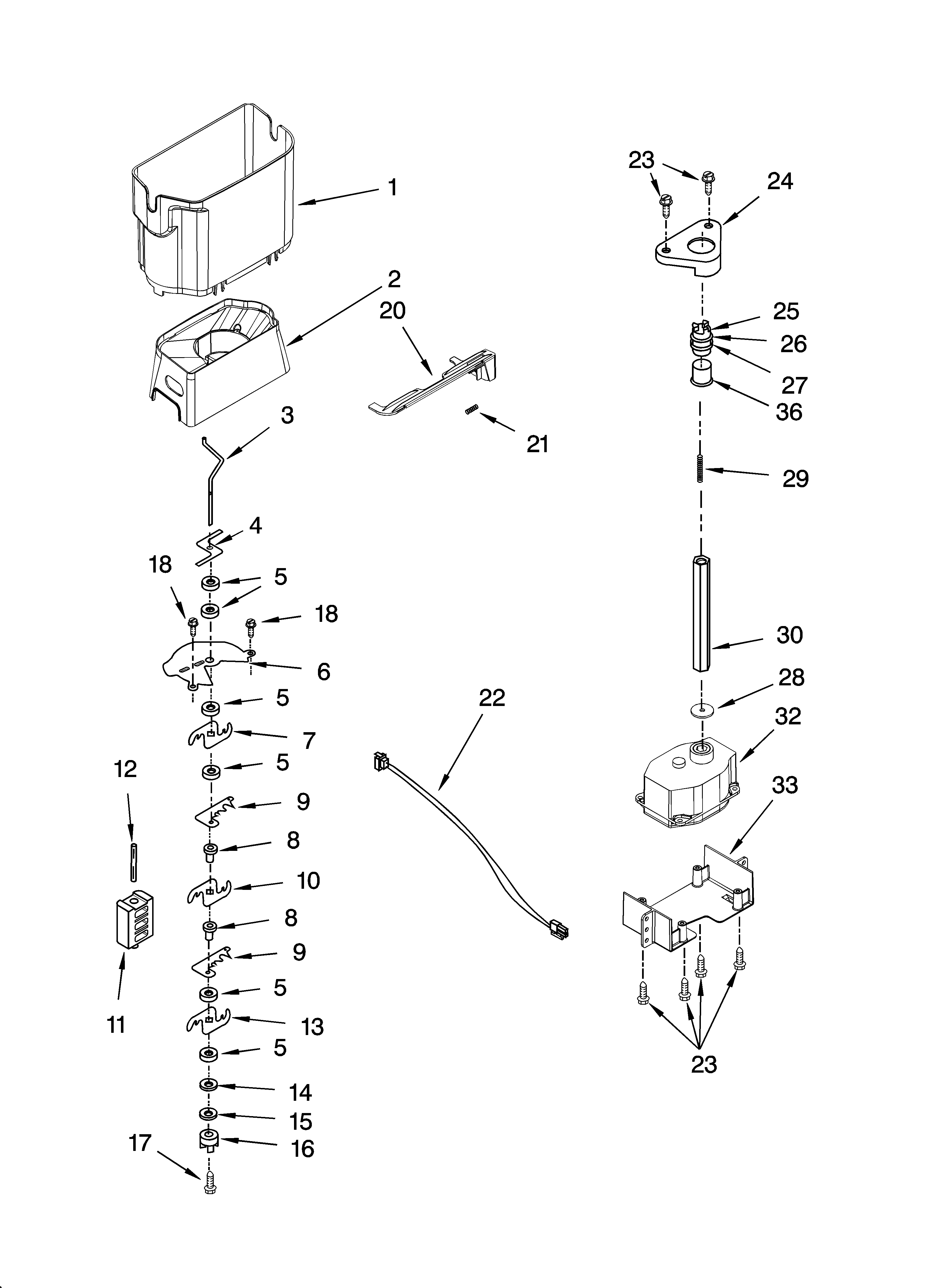 KitchenAid KSCS23FTSS00 motor and ice container parts diagram