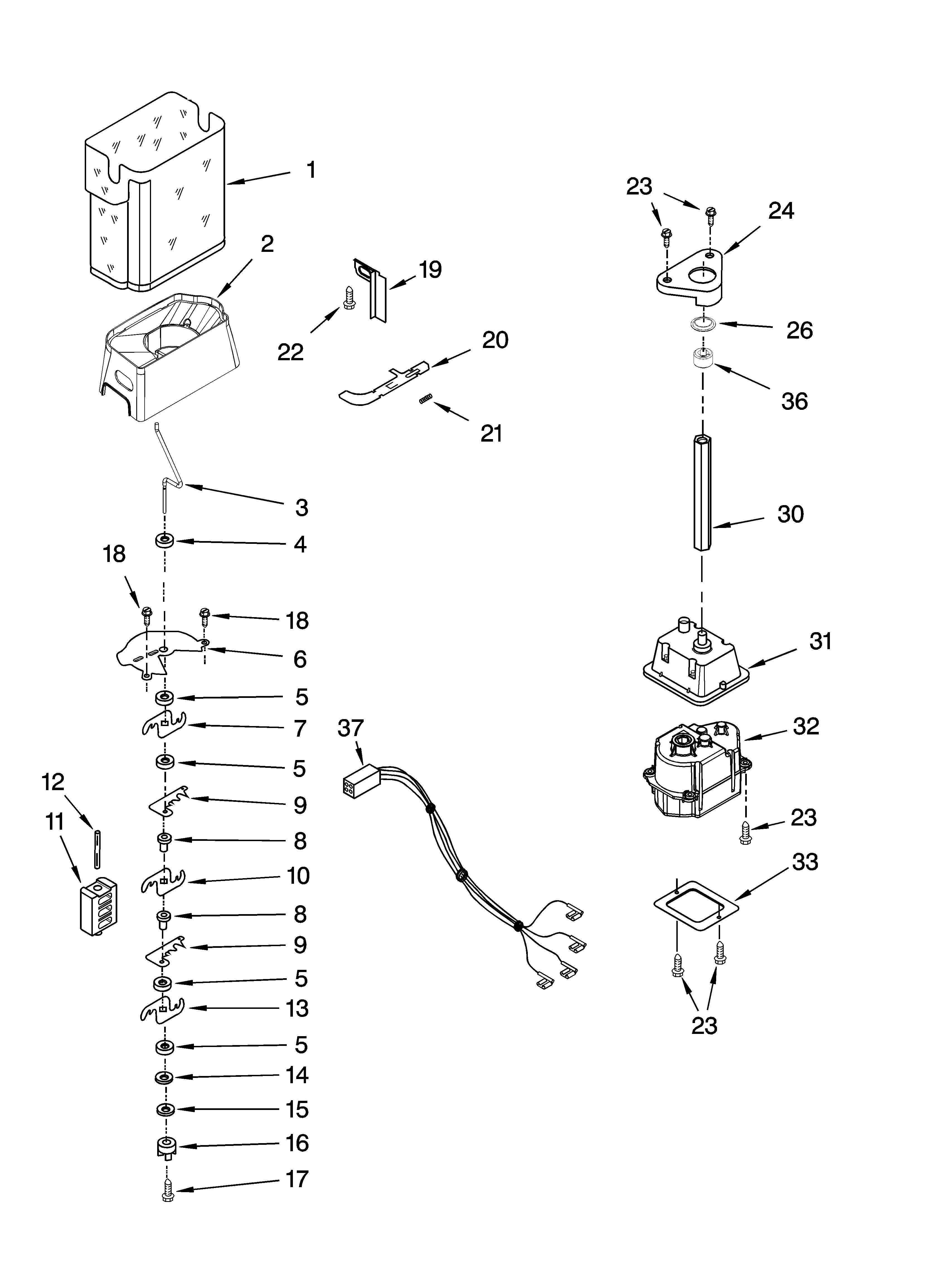 KitchenAid KSCS25FSWH01 motor and ice container parts diagram