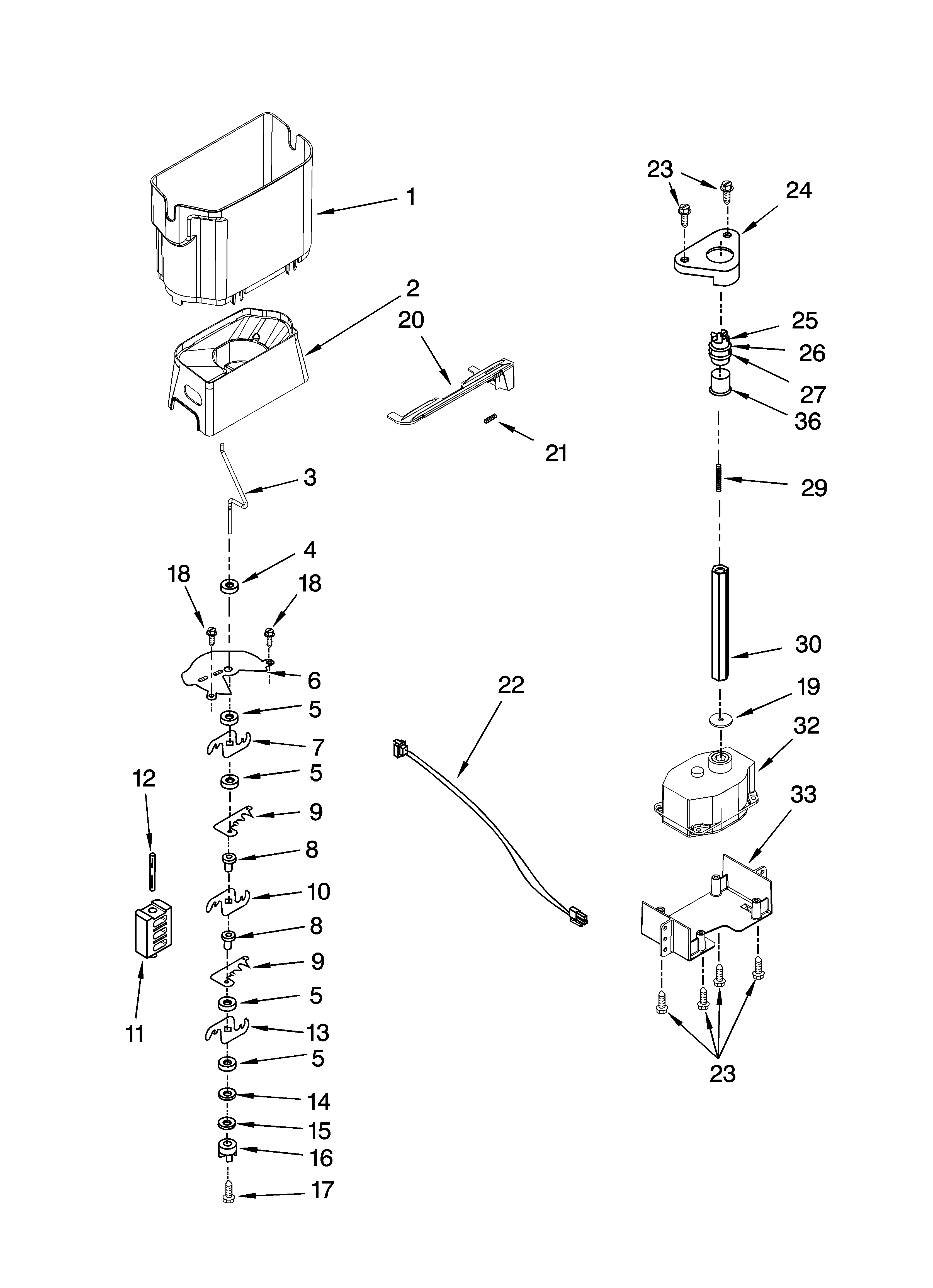 KitchenAid KSCS25FTSS00 motor and ice container parts diagram