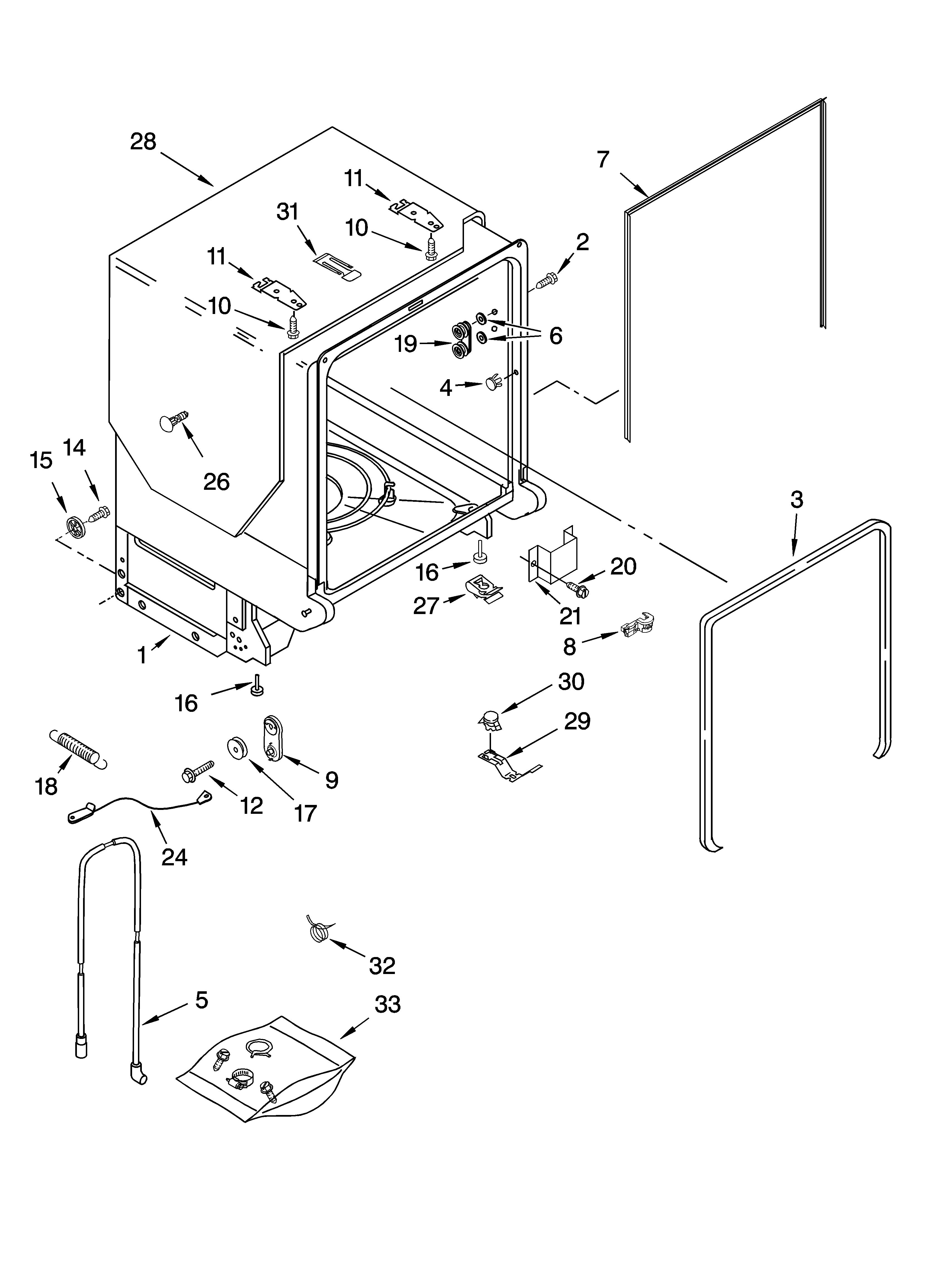KitchenAid KUDC02IRWH4 tub and frame parts diagram