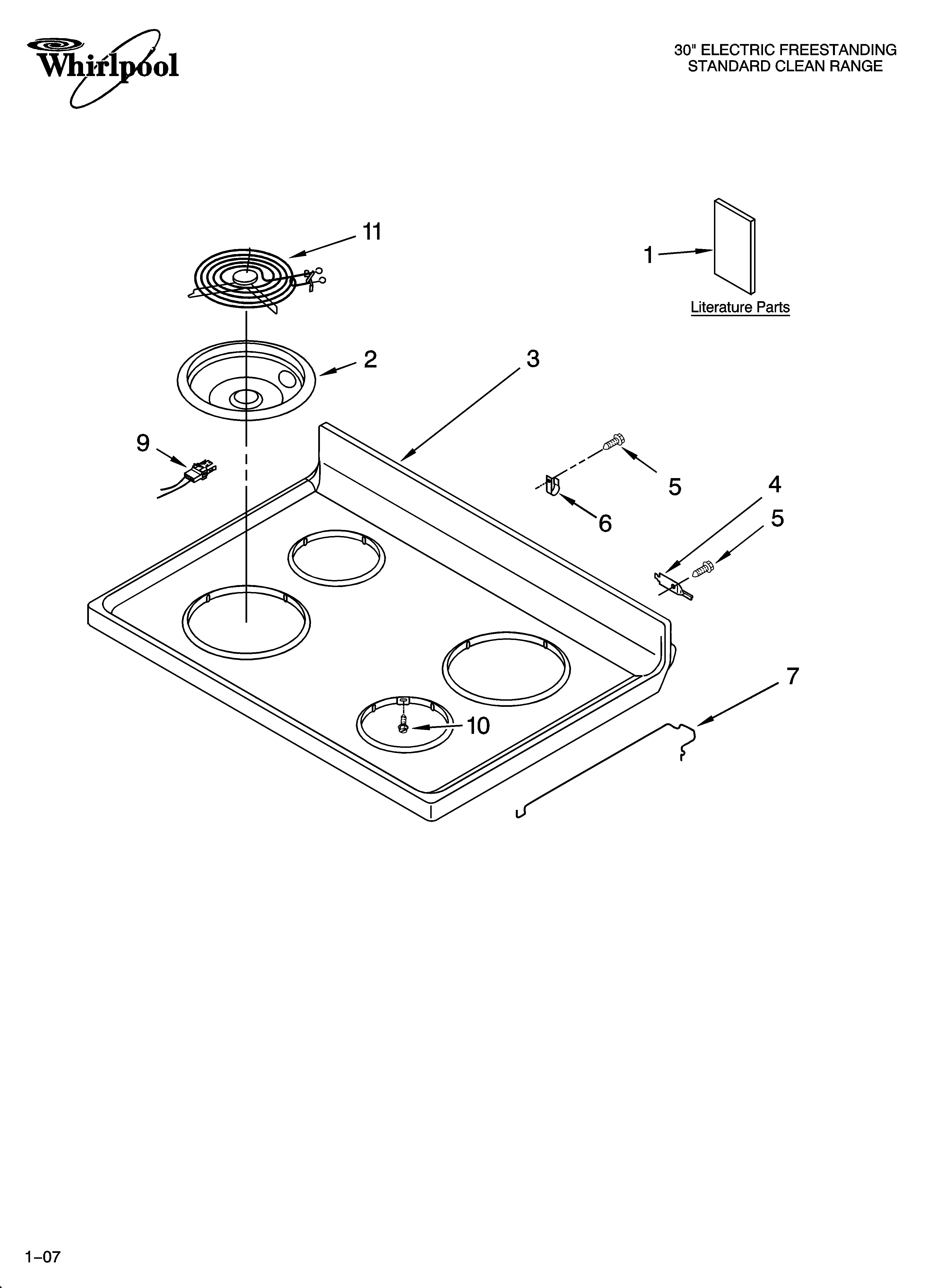 Whirlpool RF114PXST1 cooktop parts diagram
