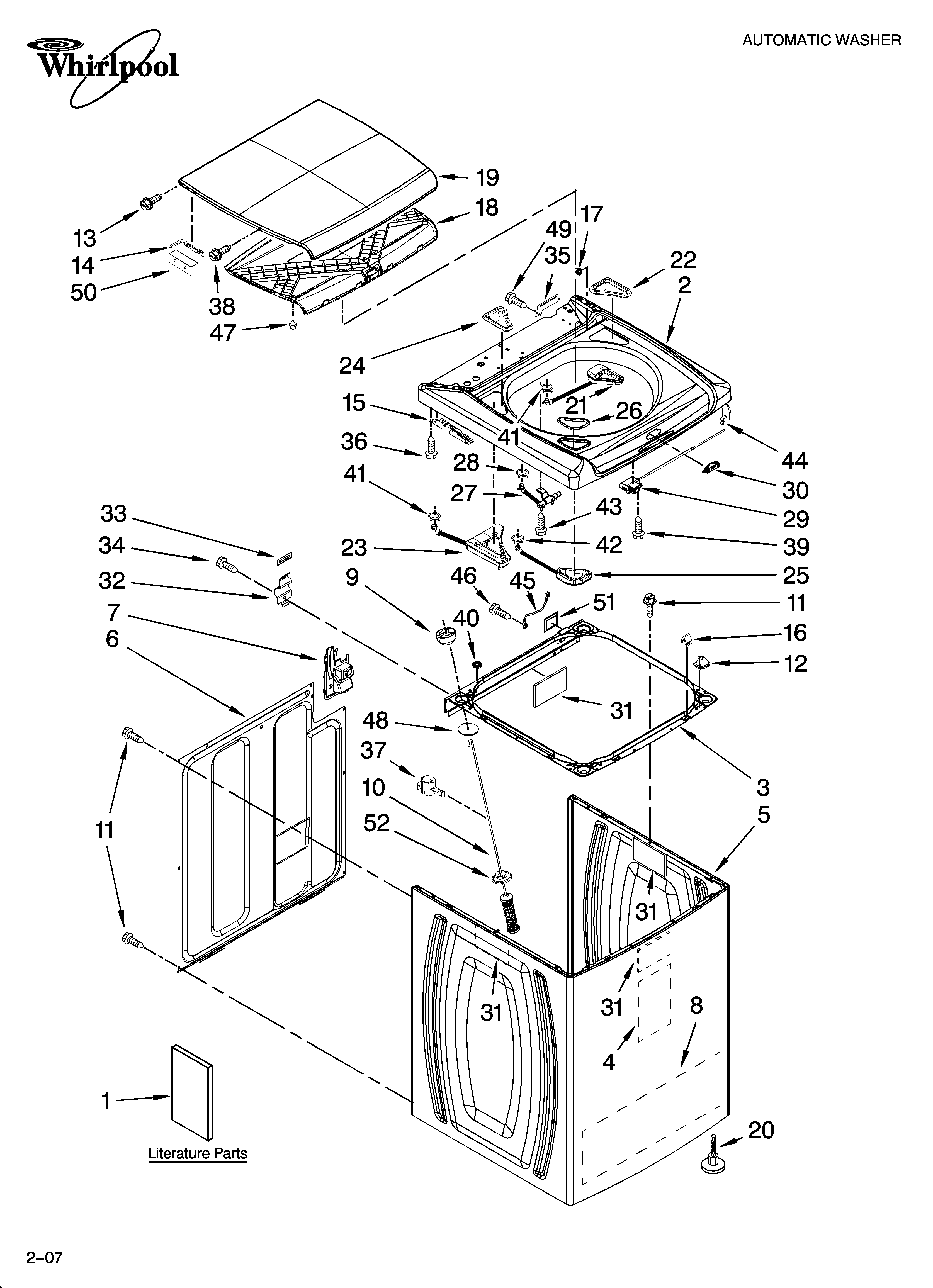 Whirlpool WTW6400SW2 top and cabinet parts diagram