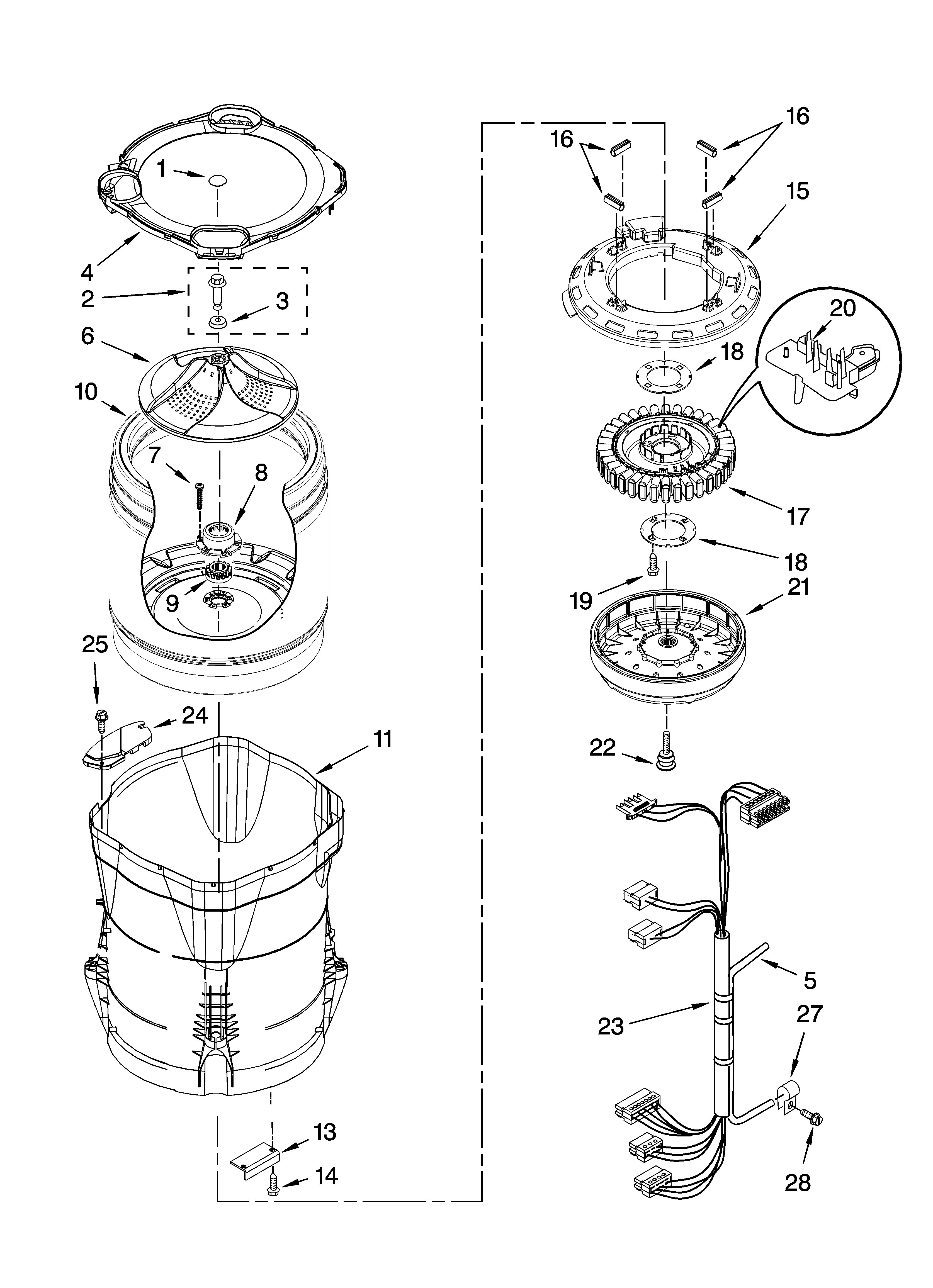 Whirlpool WTW6400SW2 motor, basket and tub parts diagram