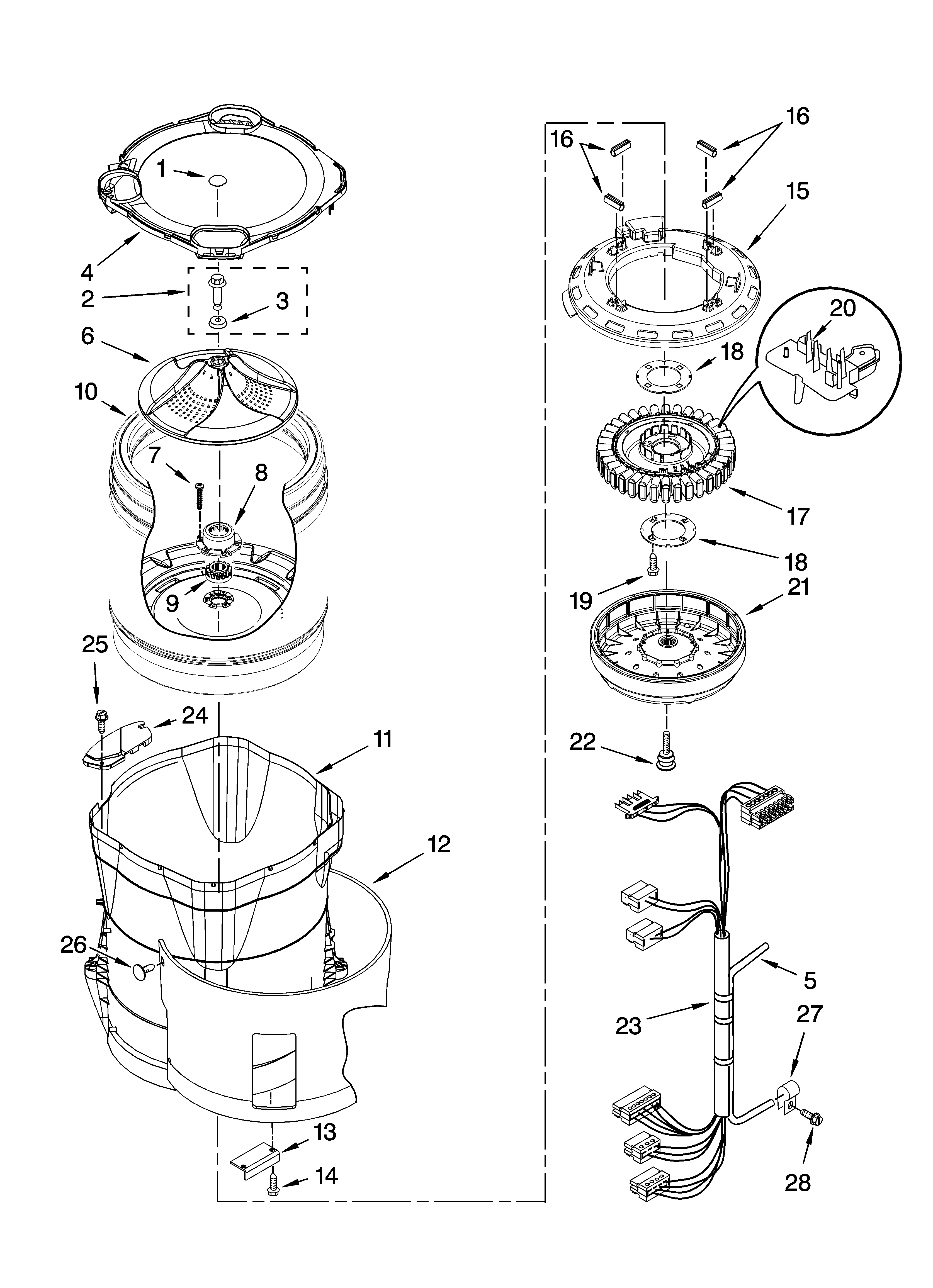 Whirlpool WTW6600SB1 motor, basket and tub parts diagram