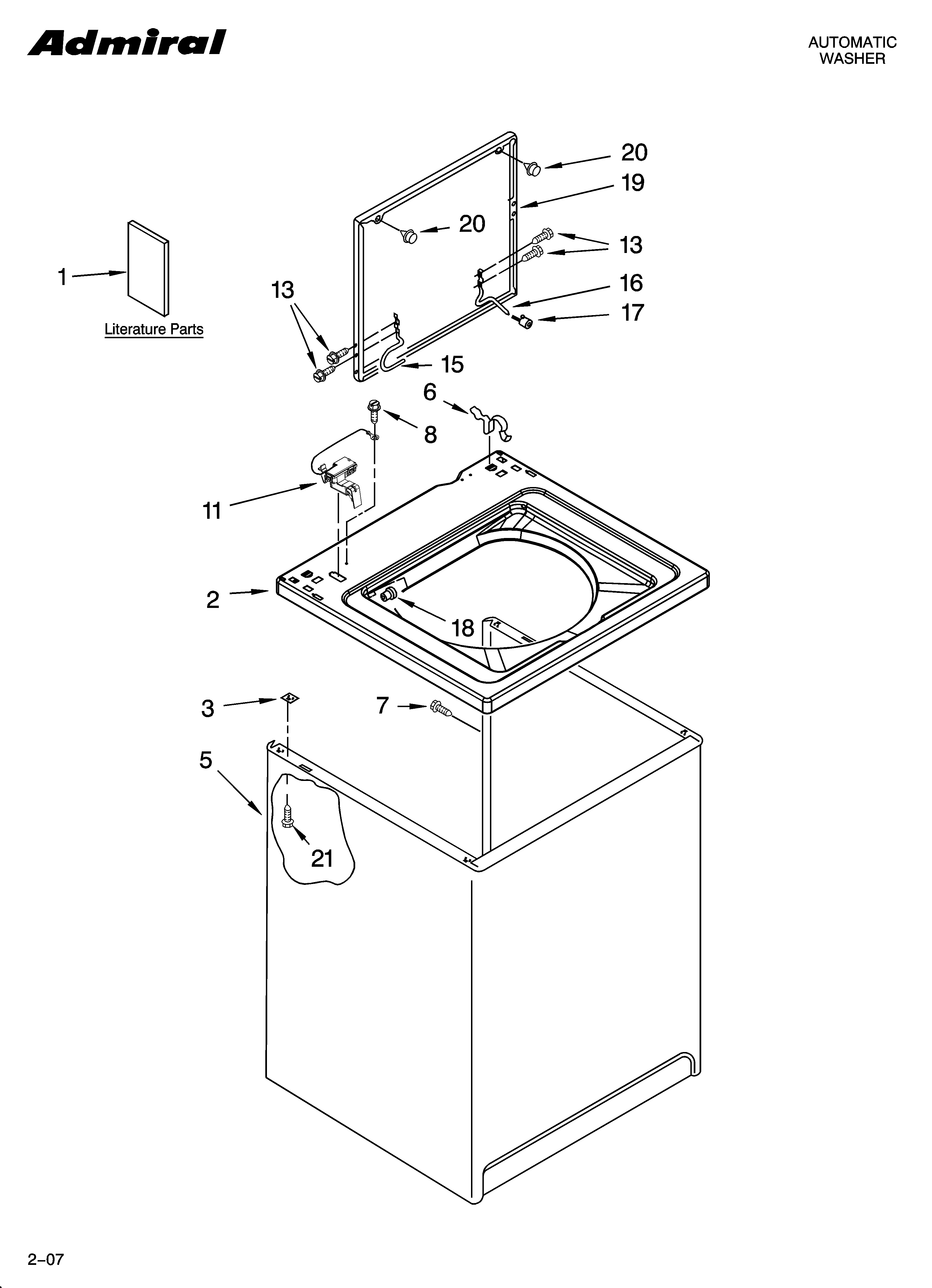 Admiral ATW4300TQ0 top and cabinet parts diagram