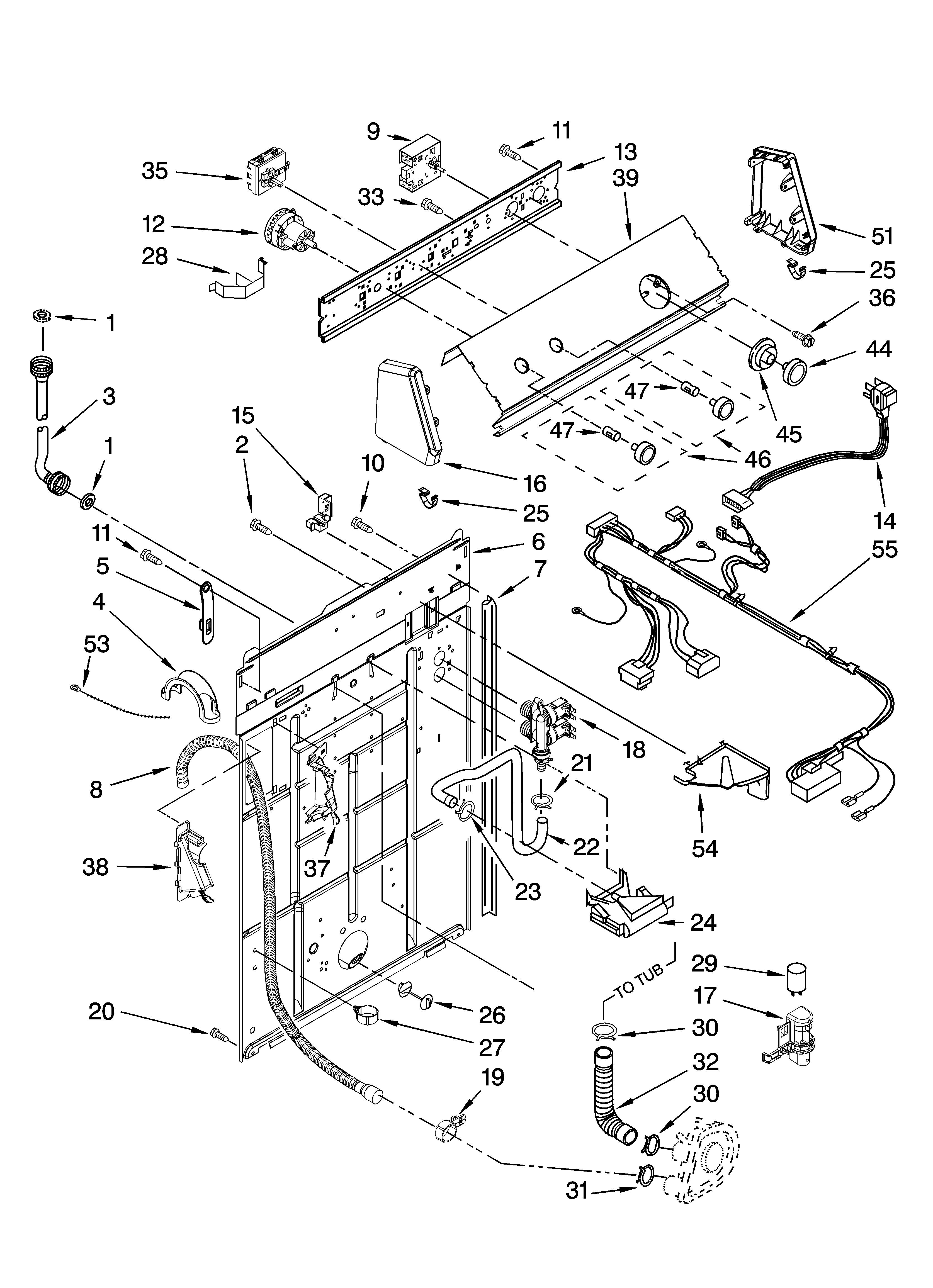 Admiral ATW4300TQ0 controls and rear panel parts diagram