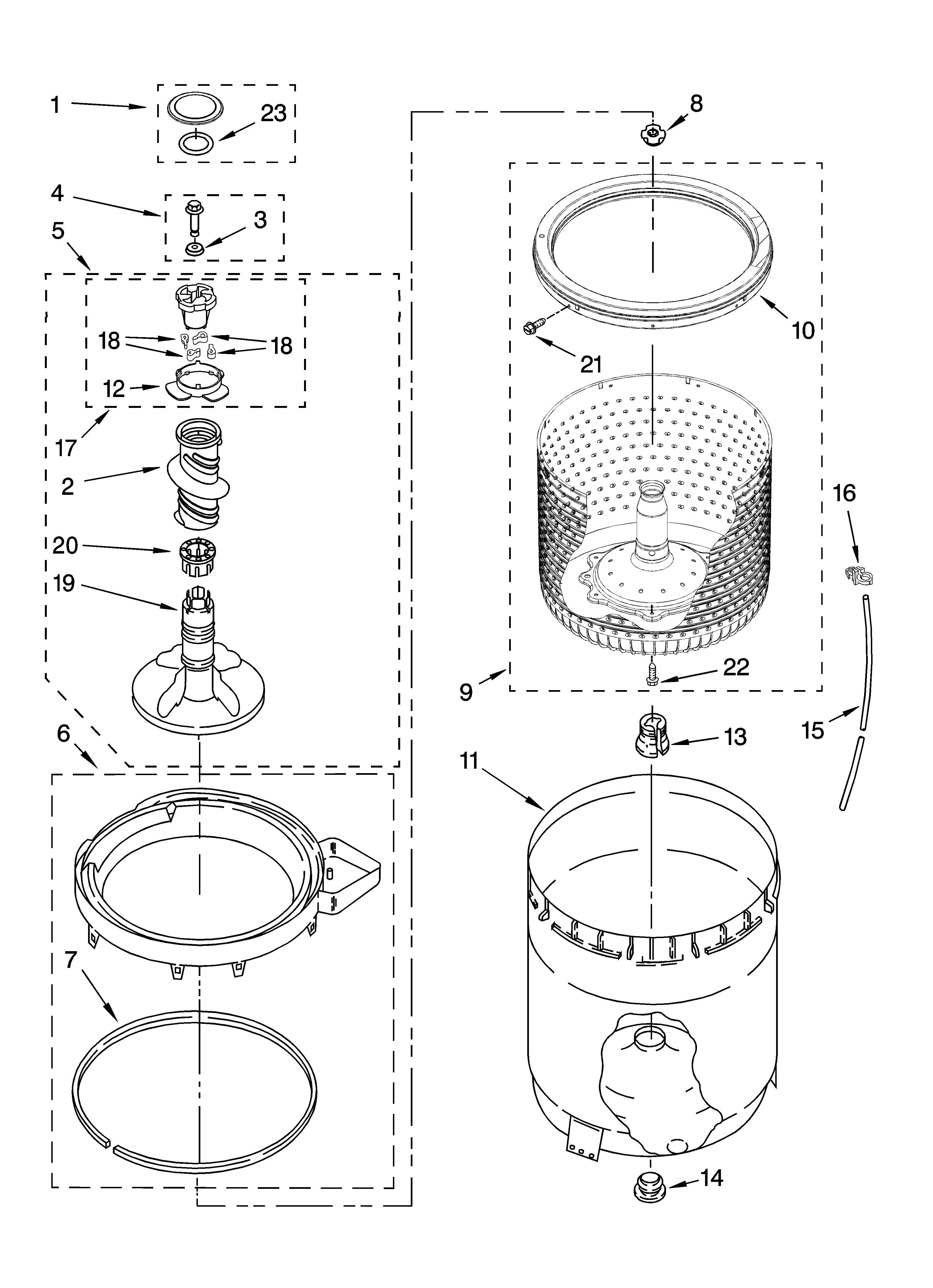 Admiral ATW4300TQ0 agitator, basket and tub parts diagram