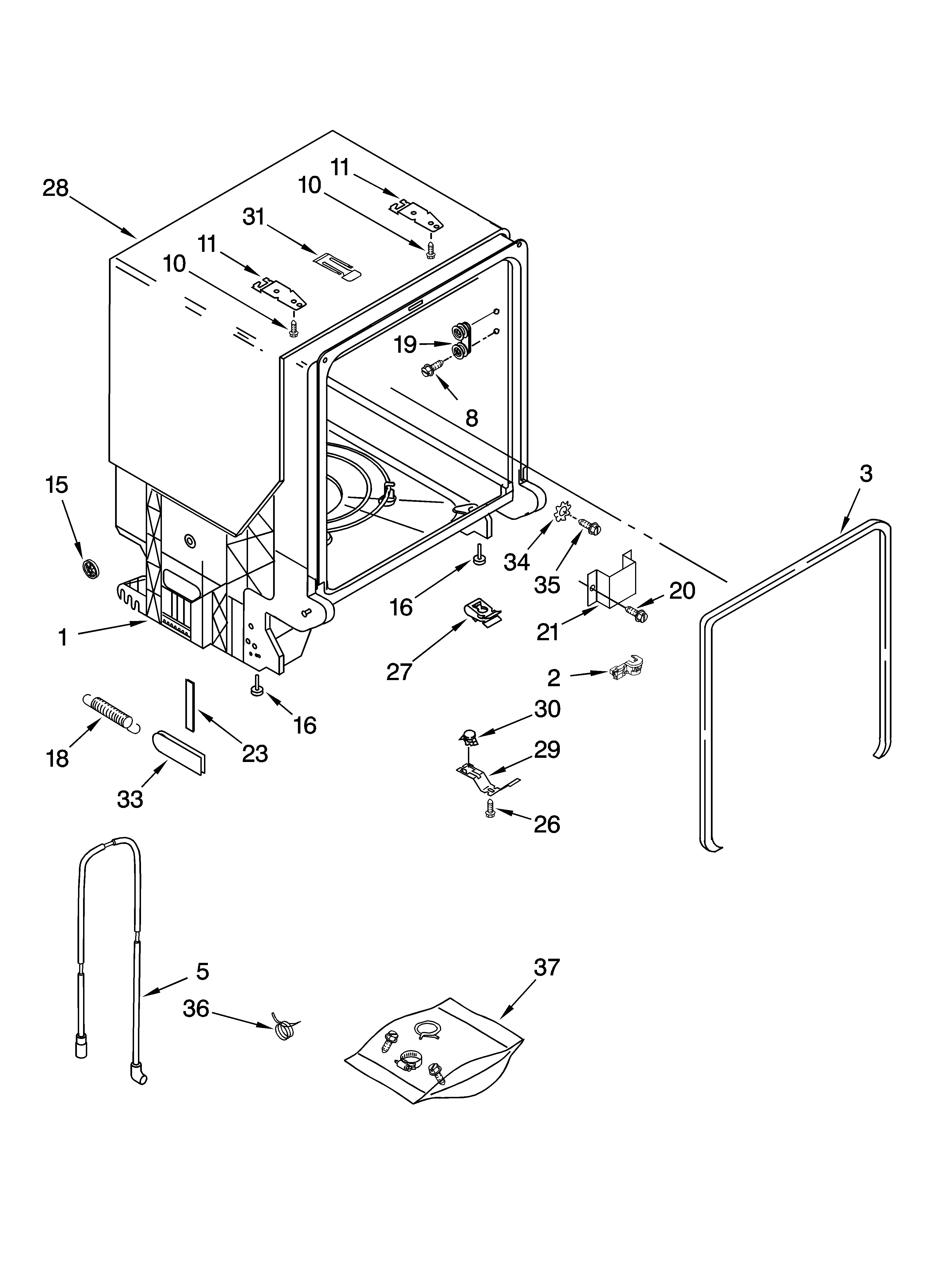 Whirlpool DUL240XTPBA tub and frame parts diagram