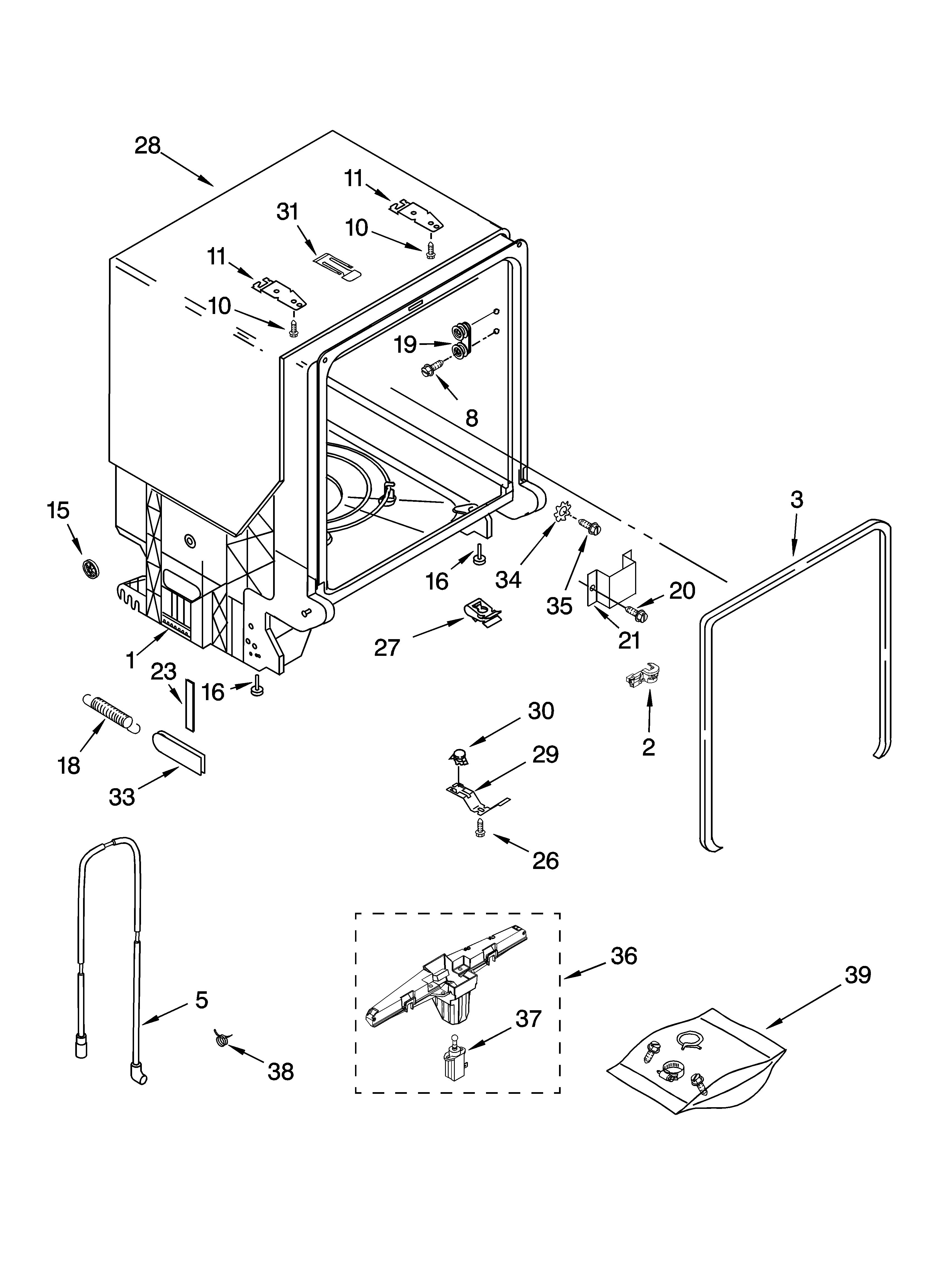 Whirlpool GU2300XTSB0 tub and frame parts diagram