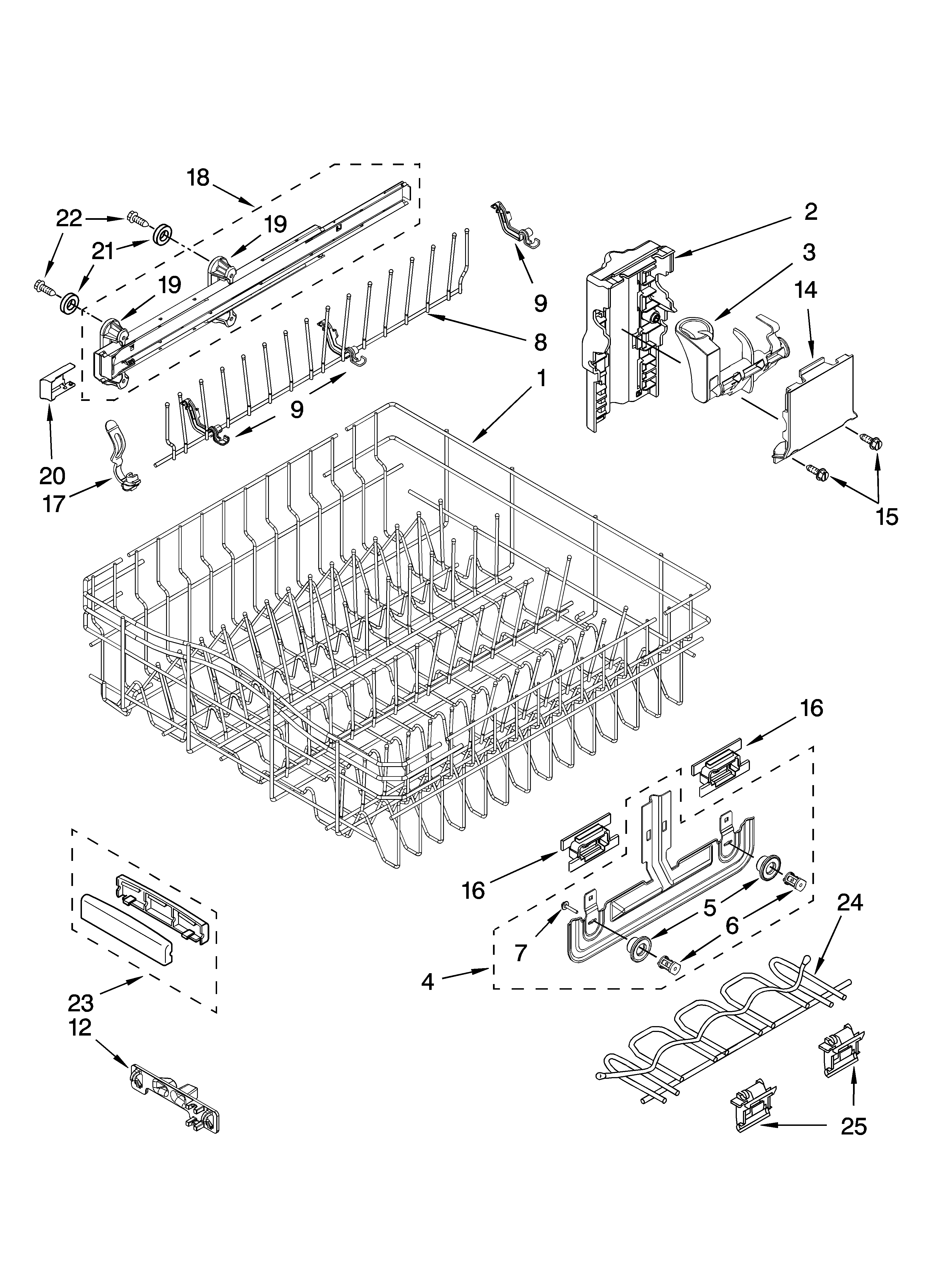 KitchenAid KUDP02IRWH4 upper rack and track parts diagram