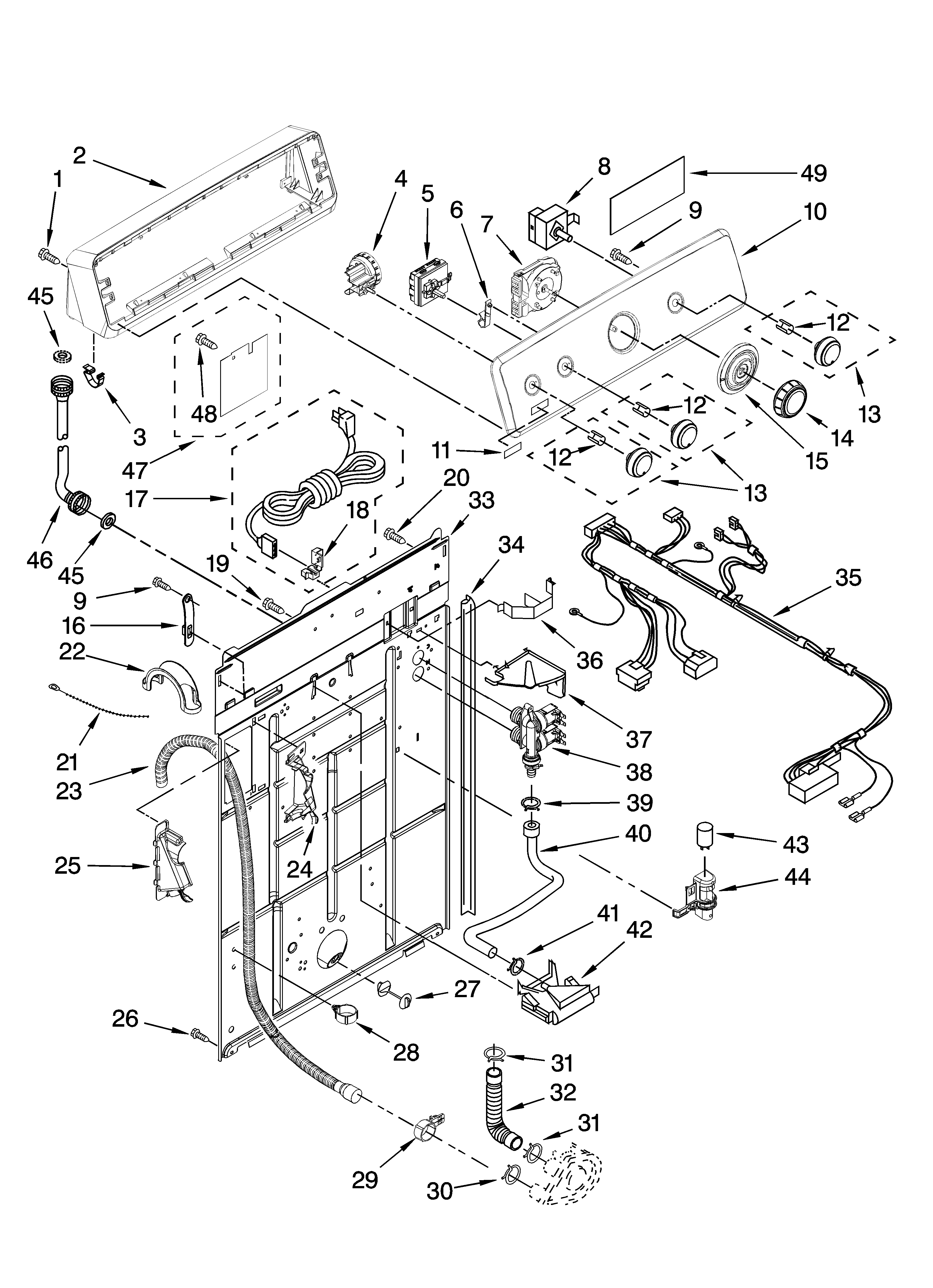 Maytag MTW5700TQ0 controls and rear panel parts diagram