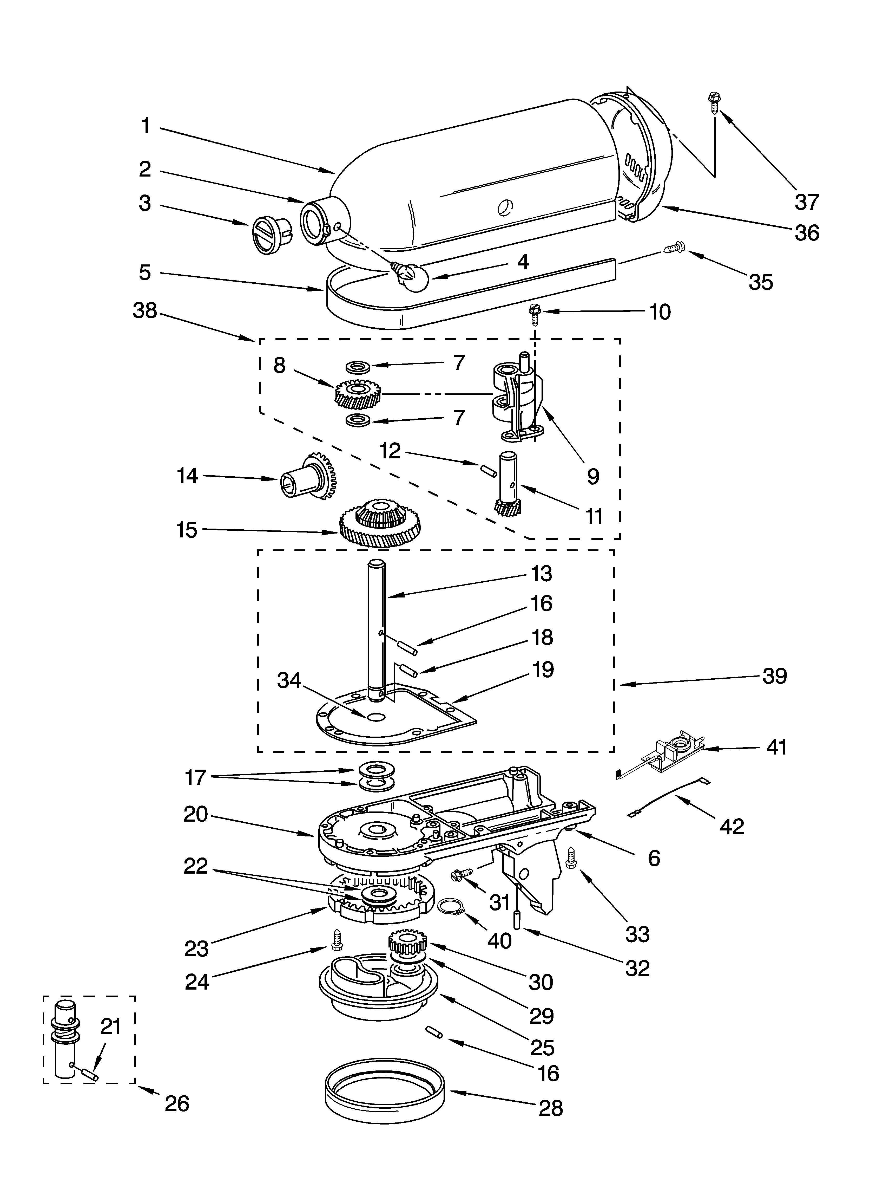 KitchenAid 5K45SSSDWH4 case, gearing and planetary unit diagram