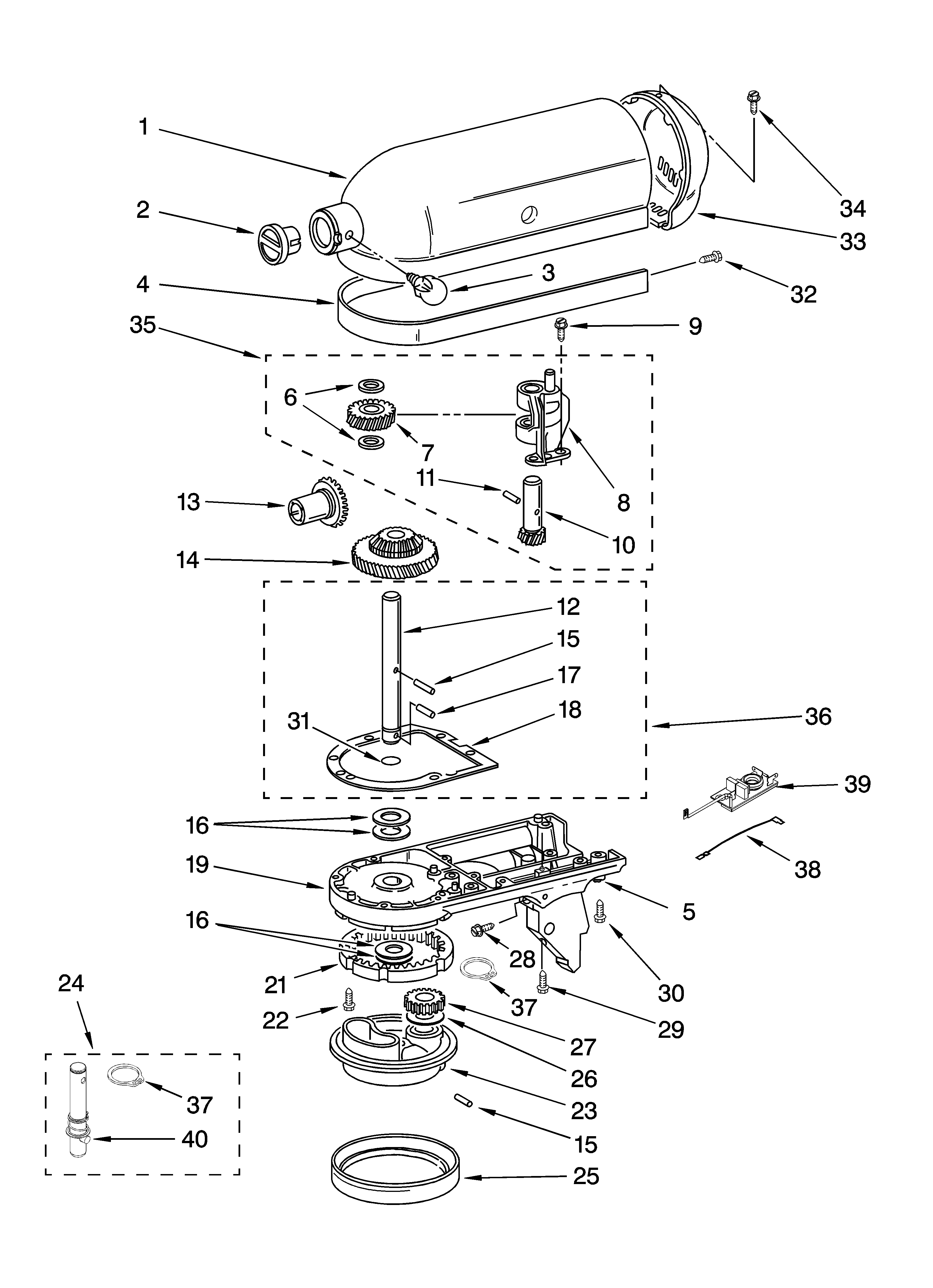 KitchenAid 9KSM150PSBU0 case, gearing and planetary unit diagram