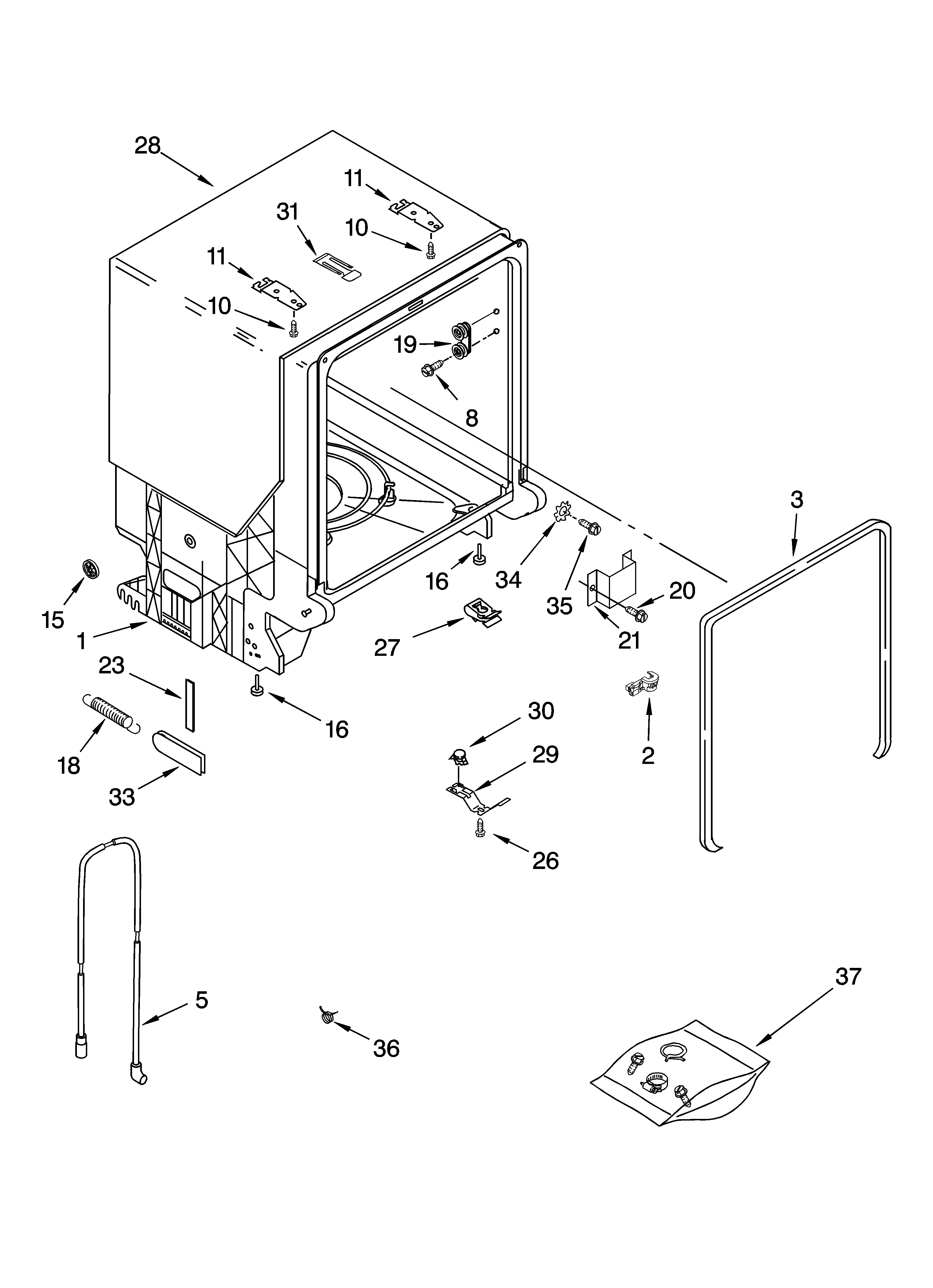 Whirlpool DU1145XTPSA tub and frame parts diagram