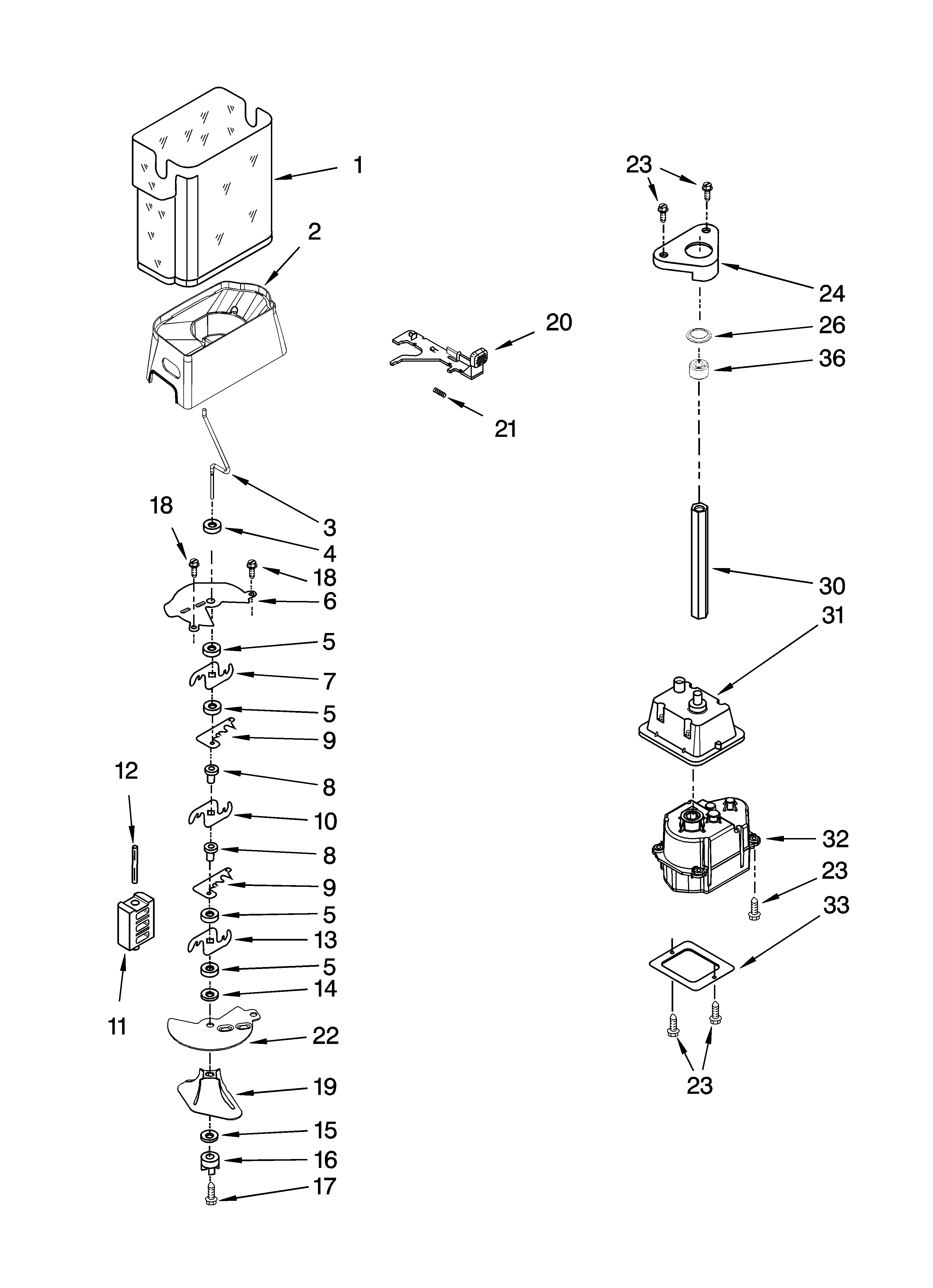 Whirlpool ES2FHAXSB02 motor and ice container parts diagram