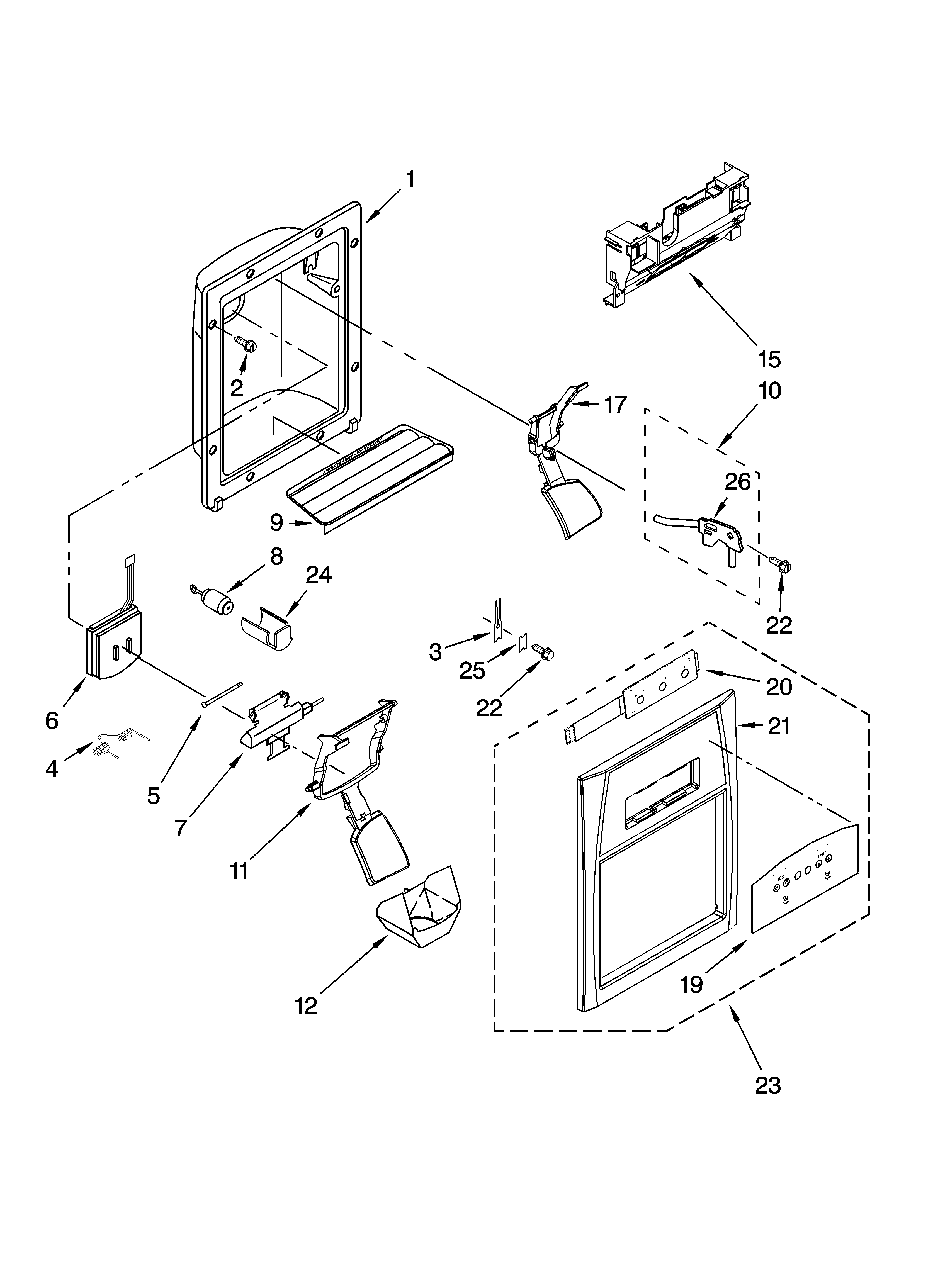 Whirlpool ES2FHAXSB02 dispenser front parts diagram
