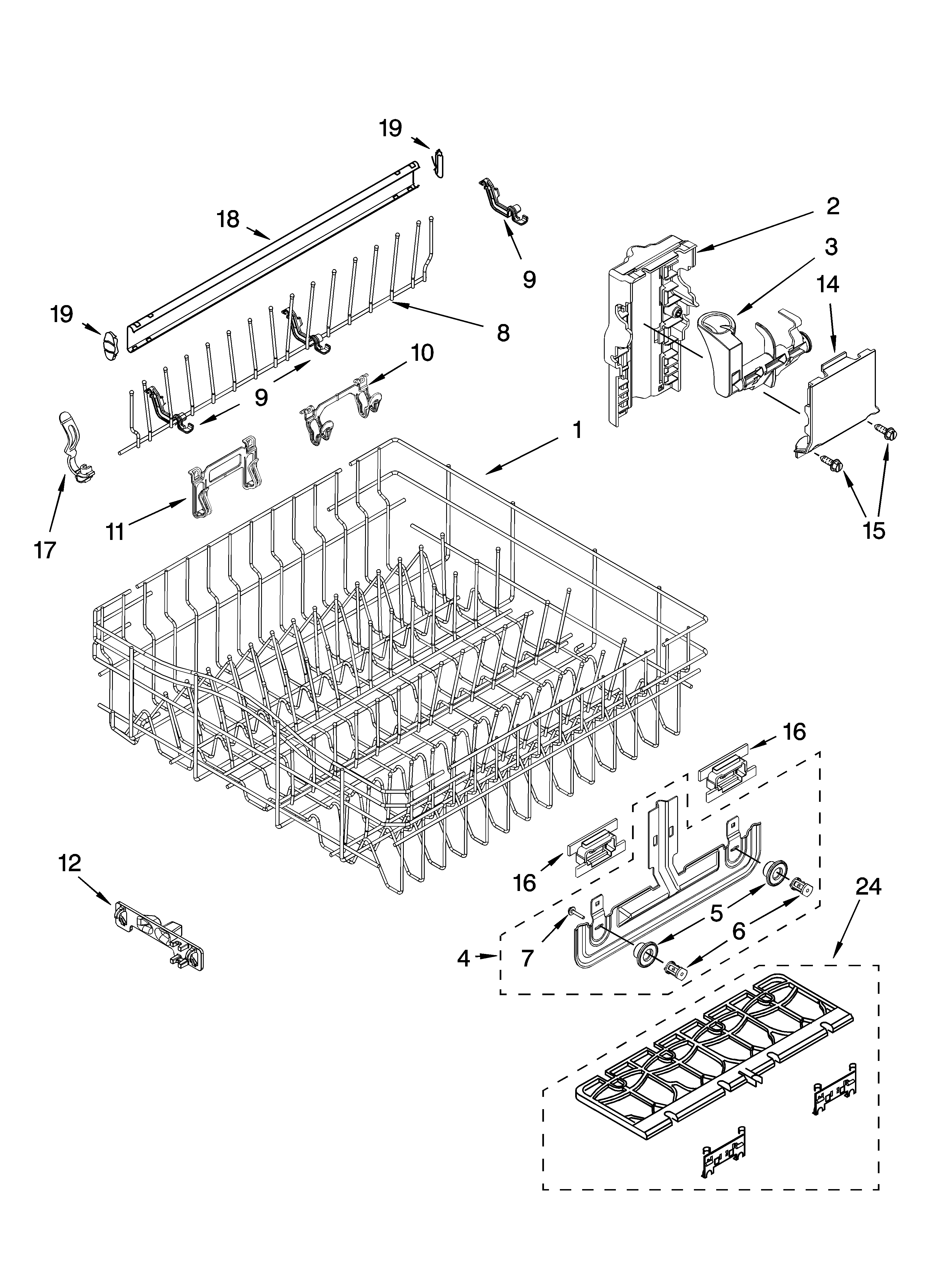 Whirlpool GU2455XTSQ1 upper rack and track parts diagram
