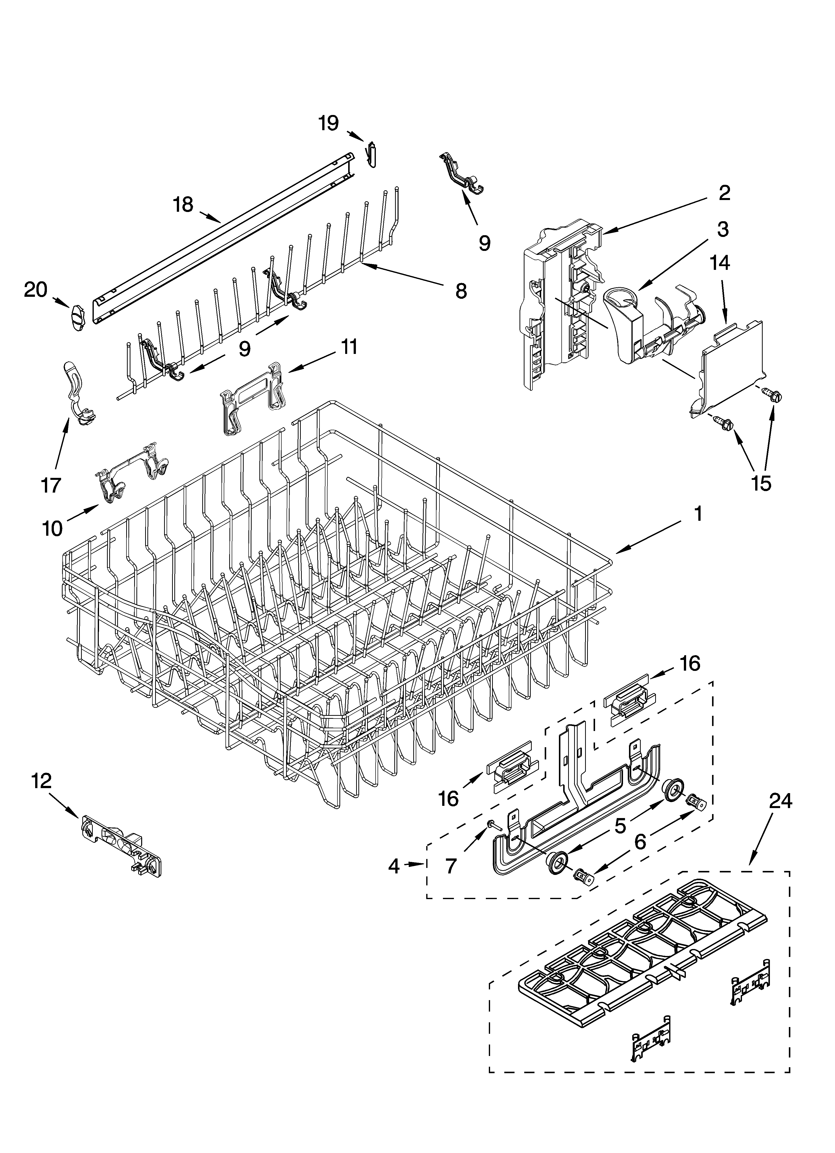 Whirlpool GU2700XTSQ1 upper rack and track parts diagram