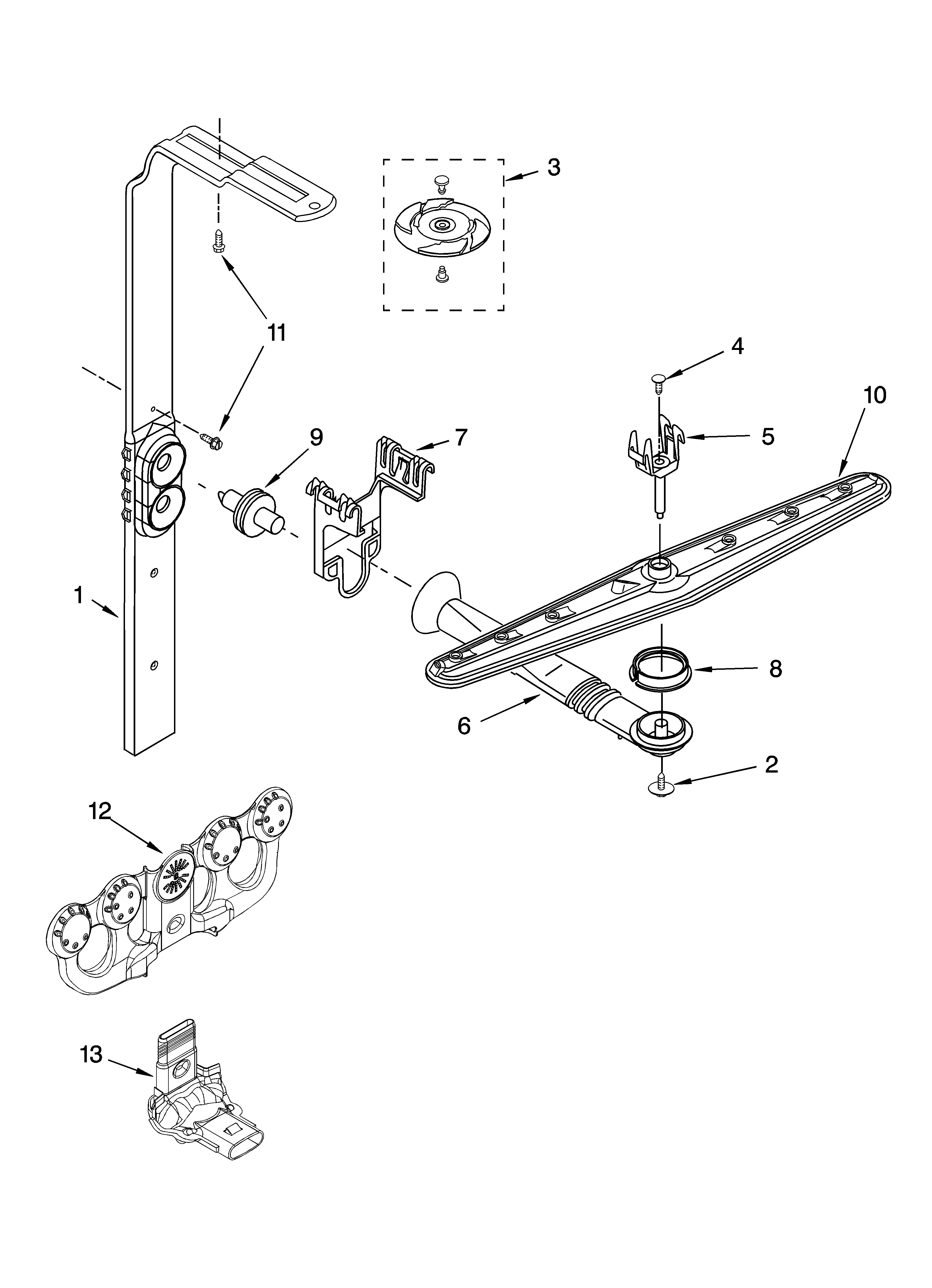 Whirlpool GU2700XTSQ1 upper wash and rinse parts diagram