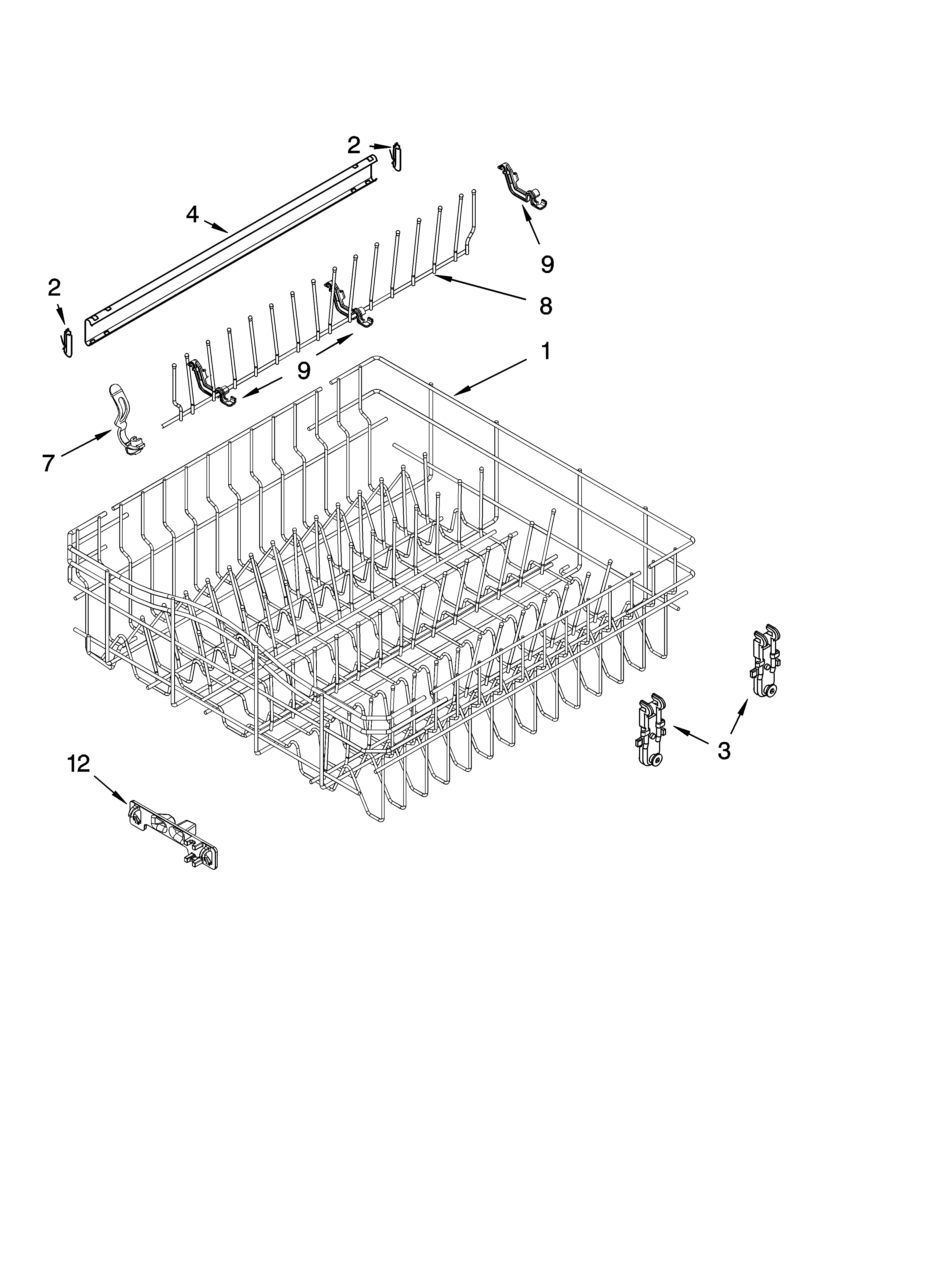 Whirlpool GU3200XTSQ1 upper rack and track parts diagram