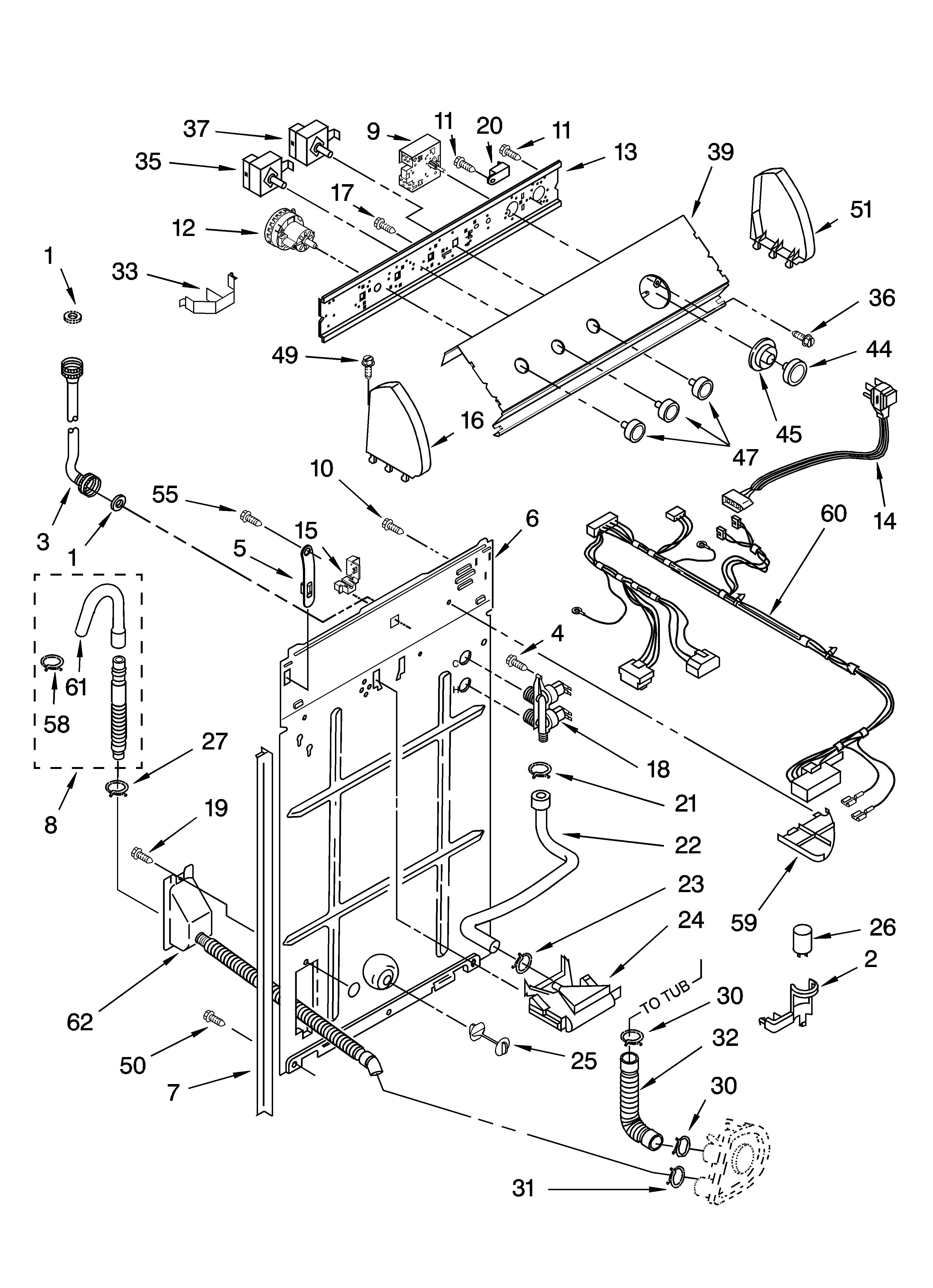 Inglis IJ45001 controls and rear panel parts diagram