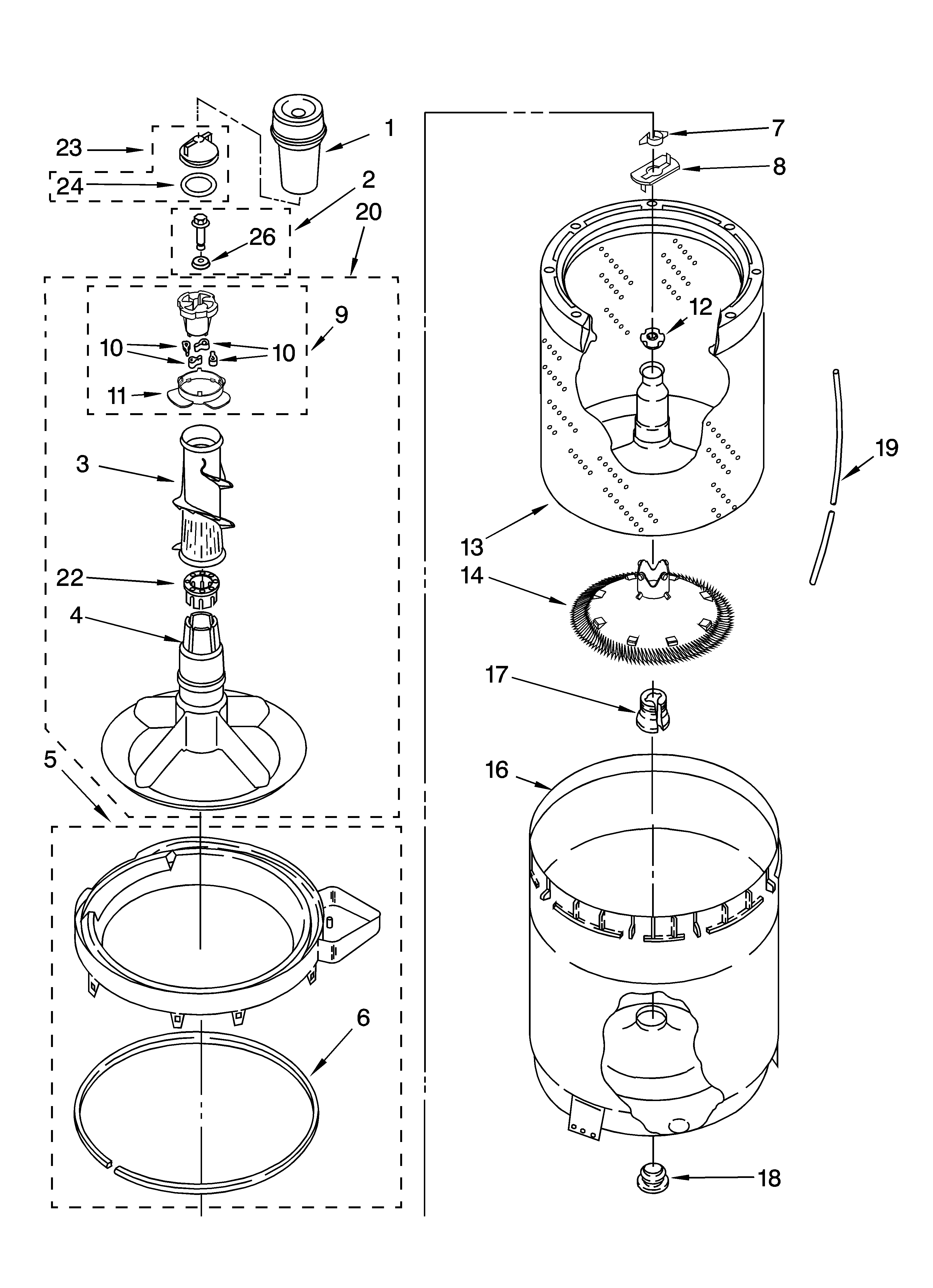 Inglis IJ45001 agitator, basket and tub parts diagram