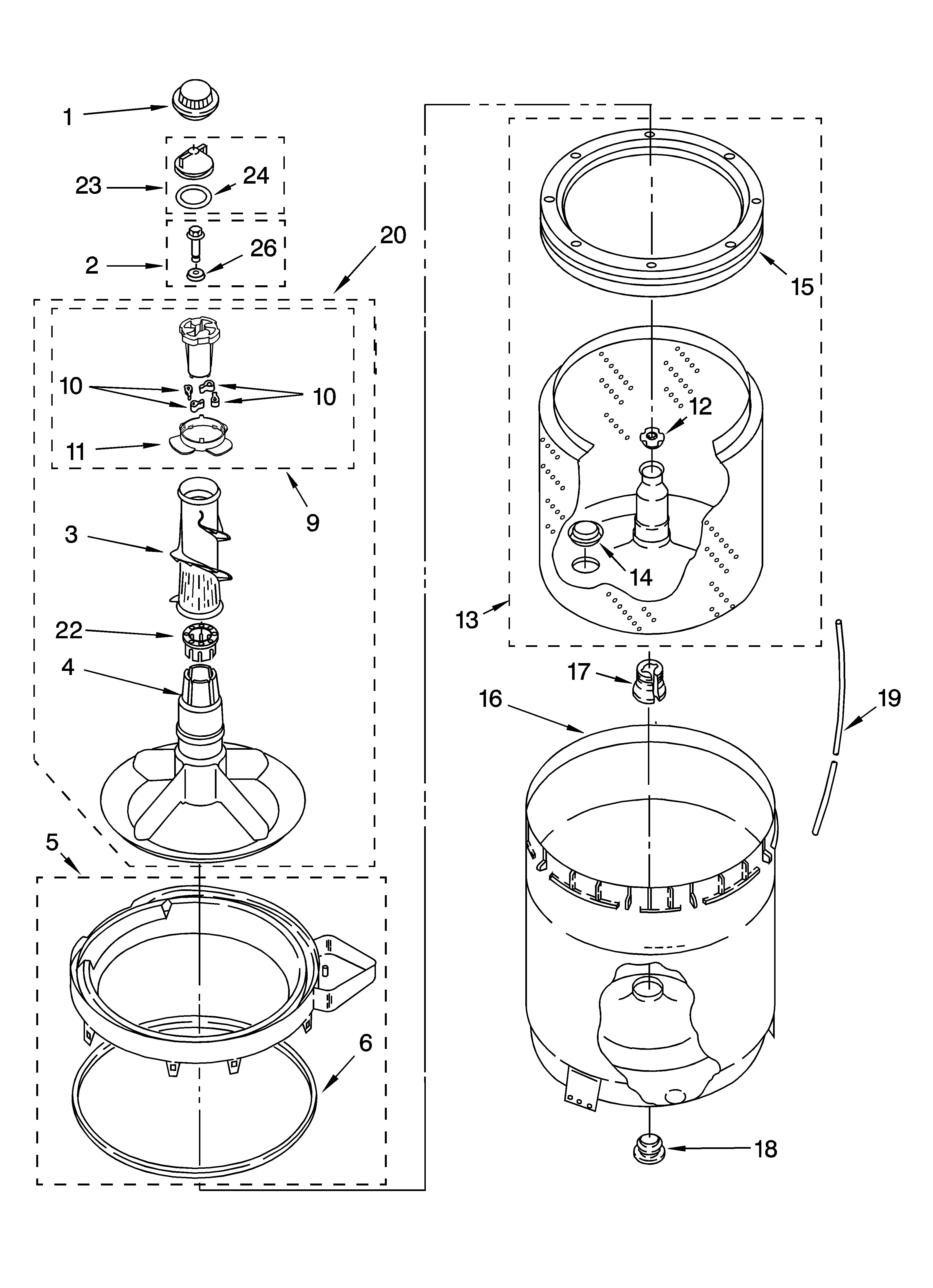 Inglis IL44000 agitator, basket and tub parts diagram